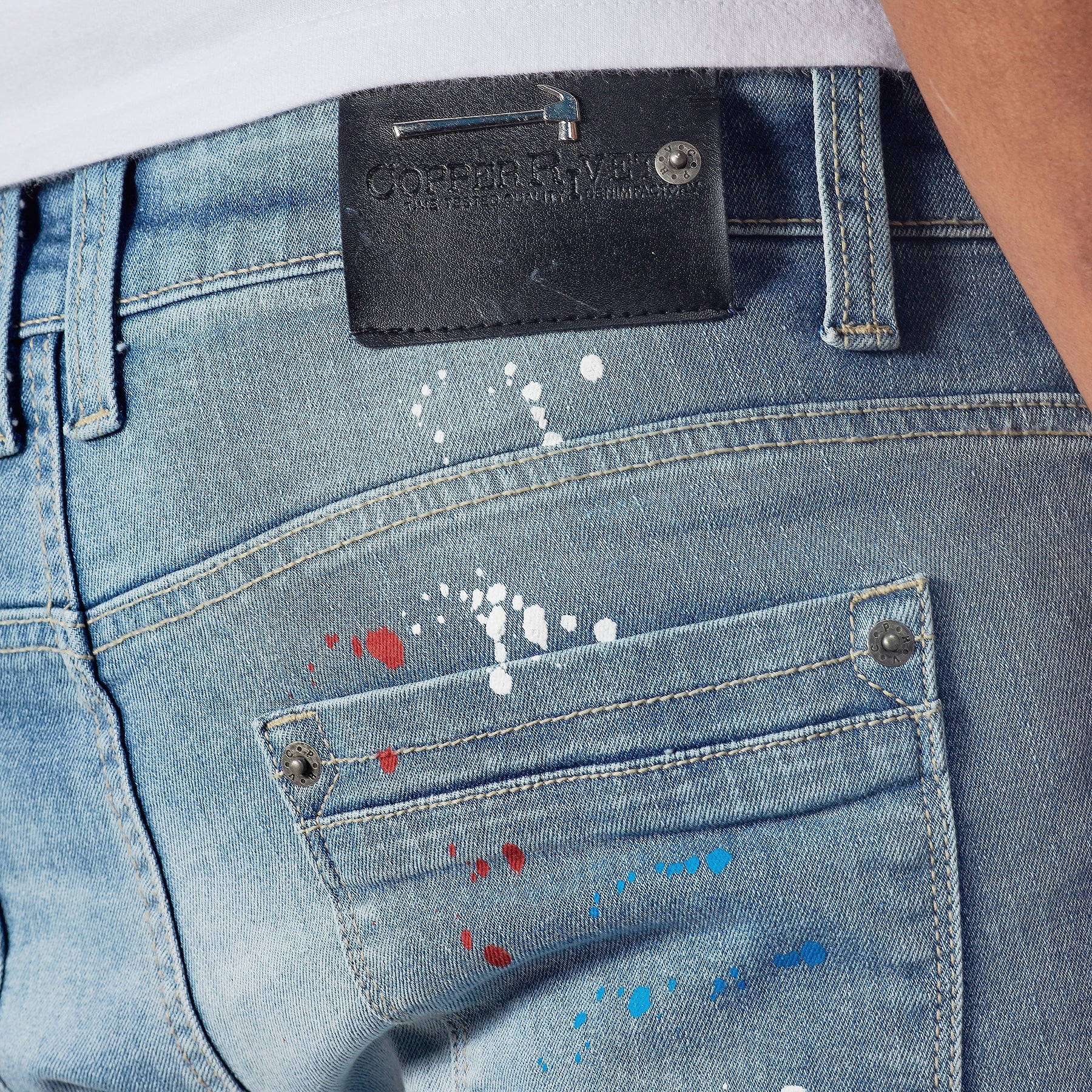 LIGHT SAND BLUE JEANS W/ BIKER RIP & REPAIR - Copper Rivet