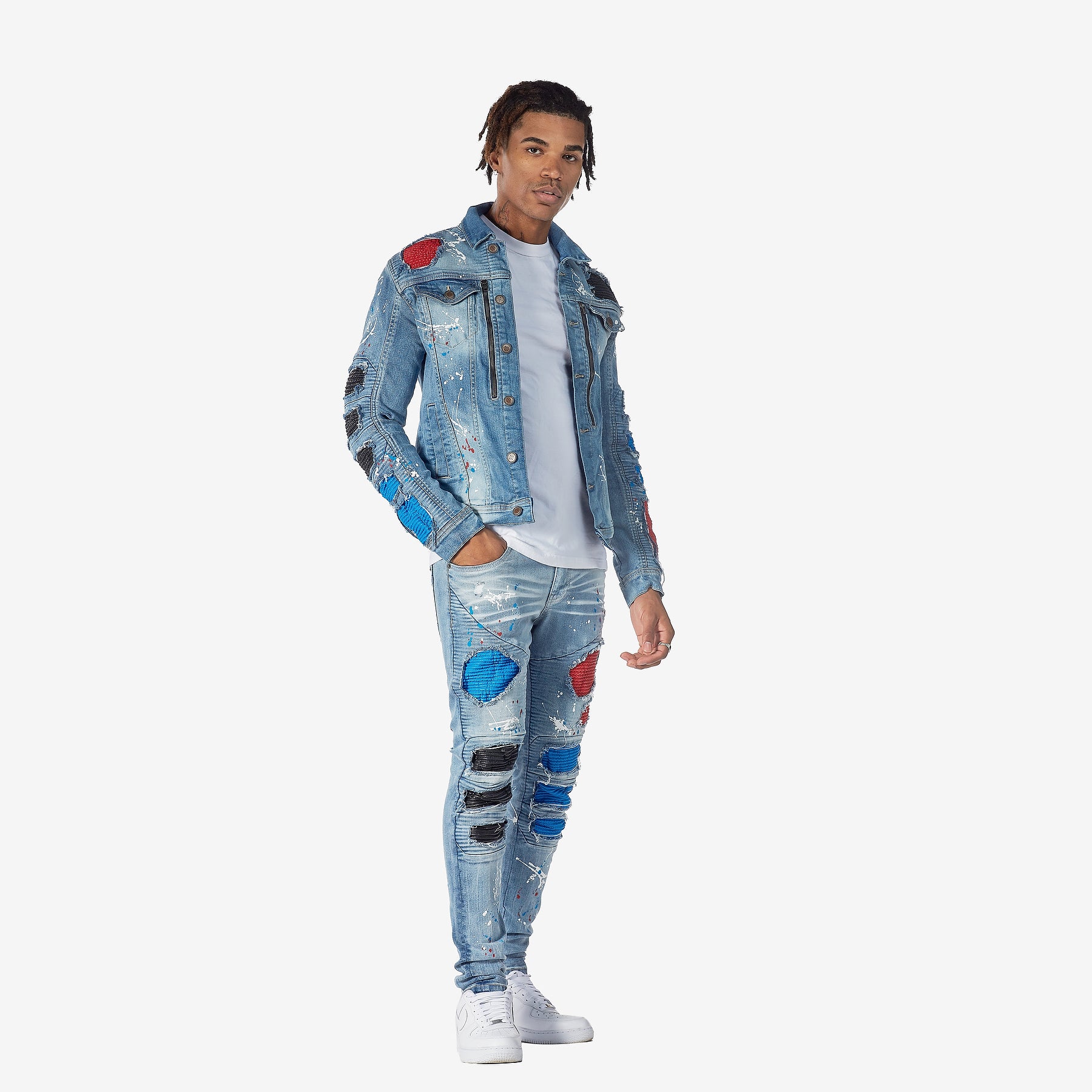 LIGHT SAND BLUE W/ BIKER RIP & REPAIR DENIM JACKET - Copper Rivet