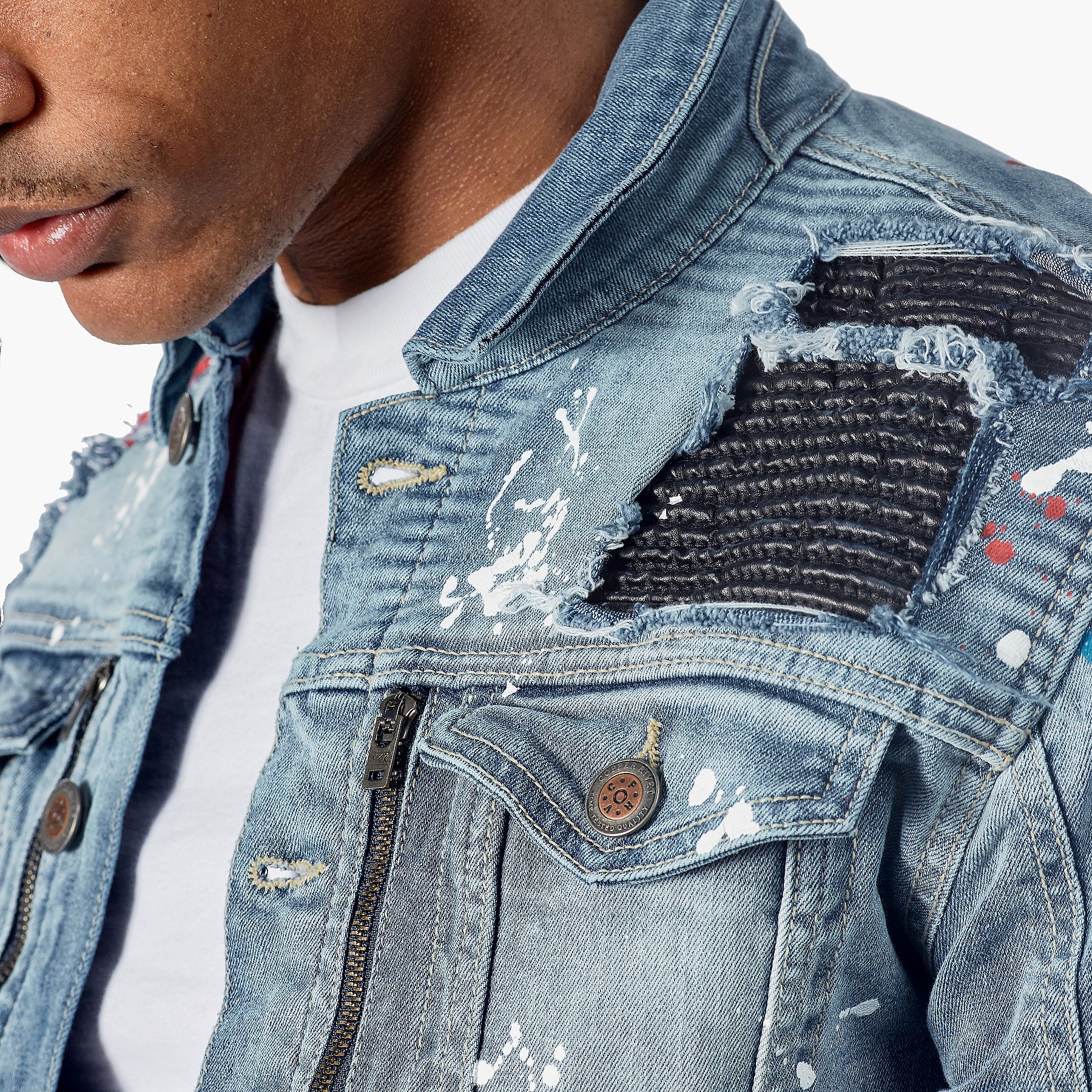 LIGHT SAND BLUE W/ BIKER RIP & REPAIR DENIM JACKET - Copper Rivet