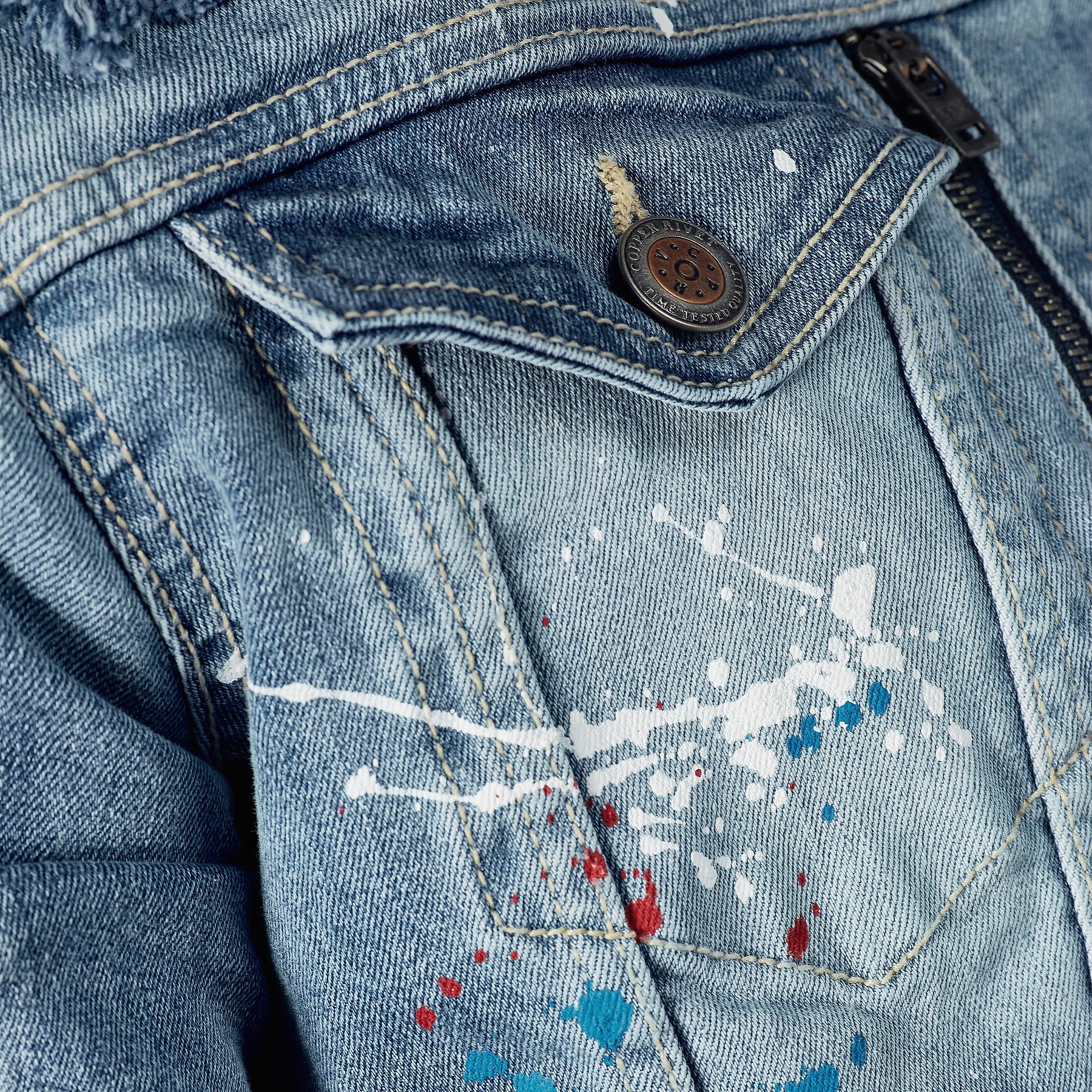 LIGHT SAND BLUE W/ BIKER RIP & REPAIR DENIM JACKET - Copper Rivet