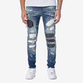 DARK SAND BLUE JEANS W/ BIKER RIP & REPAIR - Copper Rivet