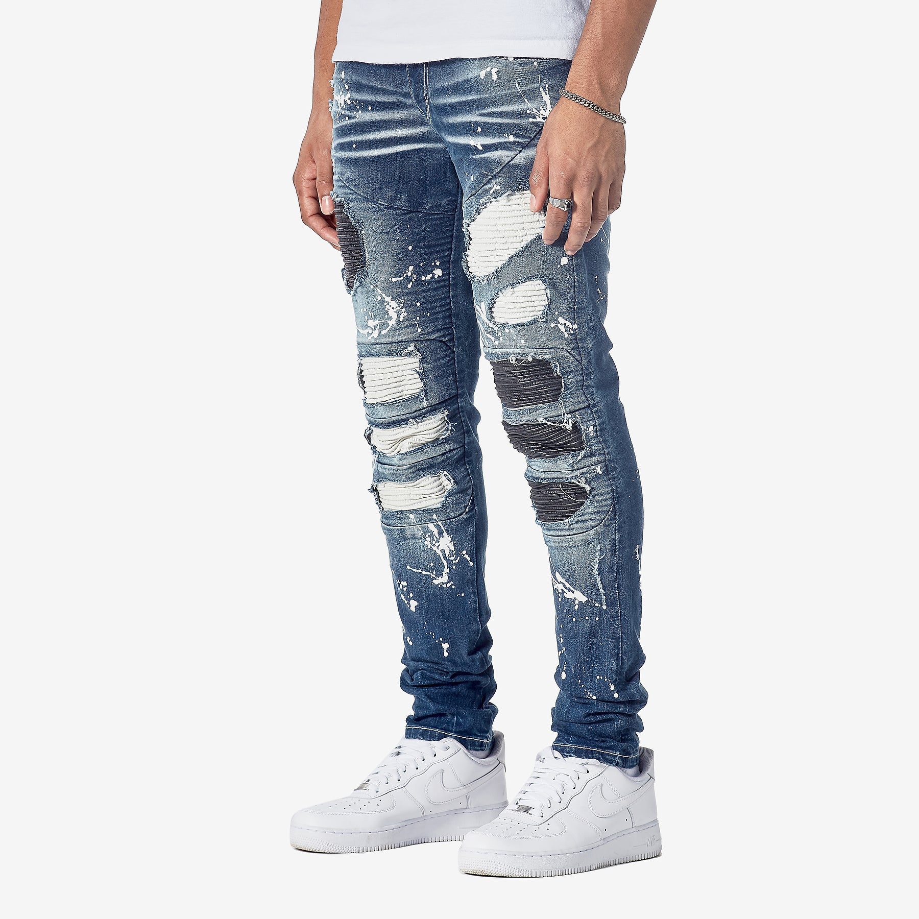 DARK SAND BLUE JEANS W/ BIKER RIP & REPAIR - Copper Rivet