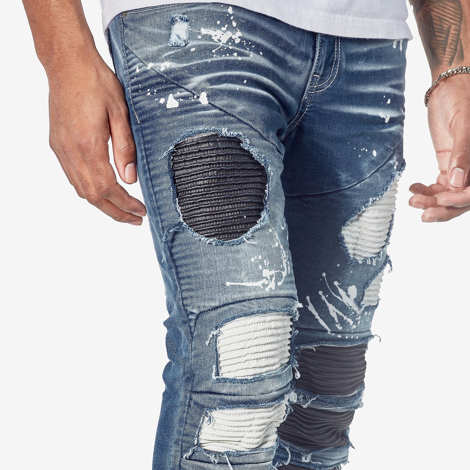 DARK SAND BLUE JEANS W/ BIKER RIP & REPAIR - Copper Rivet