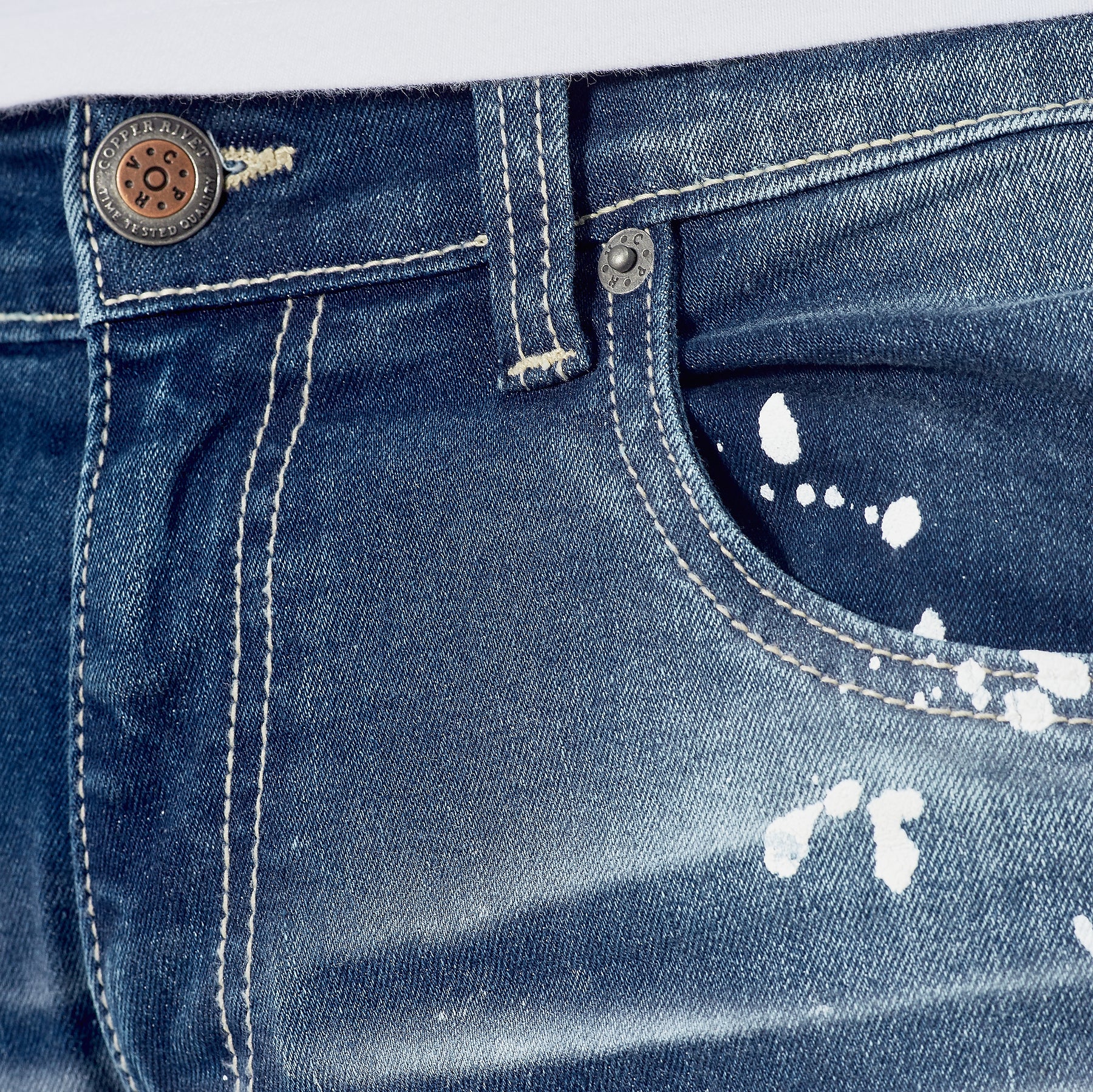 DARK SAND BLUE JEANS W/ BIKER RIP & REPAIR - Copper Rivet
