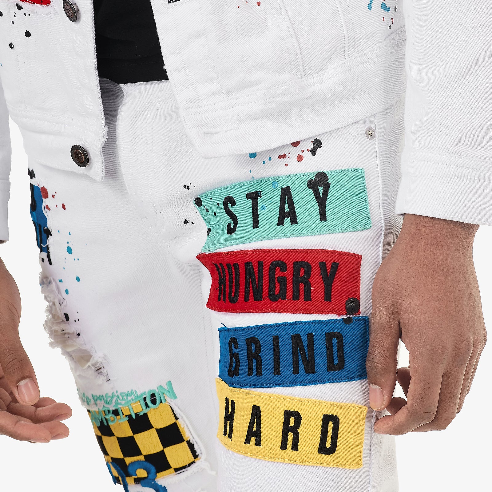 WHITE PANTS W/ COLOR PATCHES & EMBROIDERY