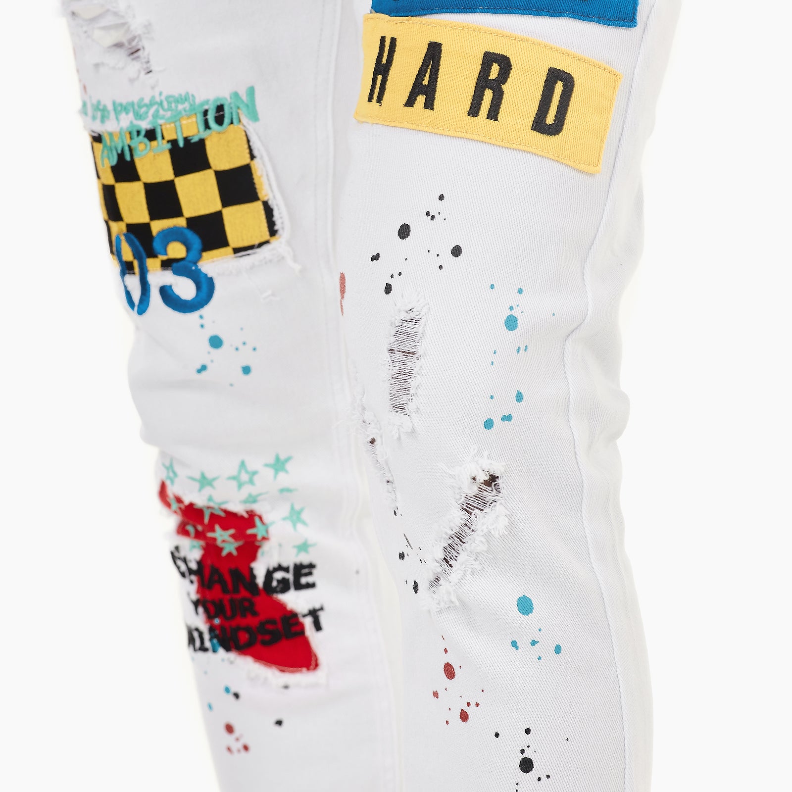 WHITE PANTS W/ COLOR PATCHES & EMBROIDERY