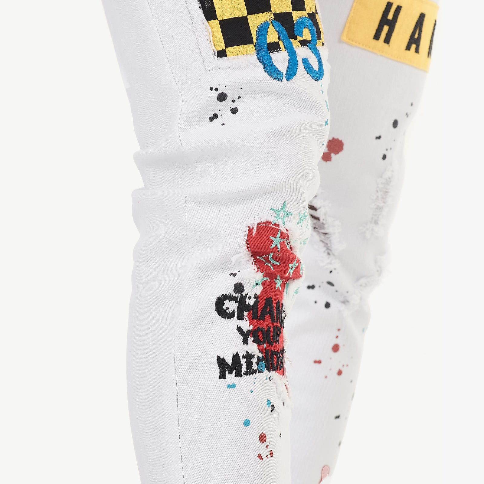 WHITE PANTS W/ COLOR PATCHES & EMBROIDERY