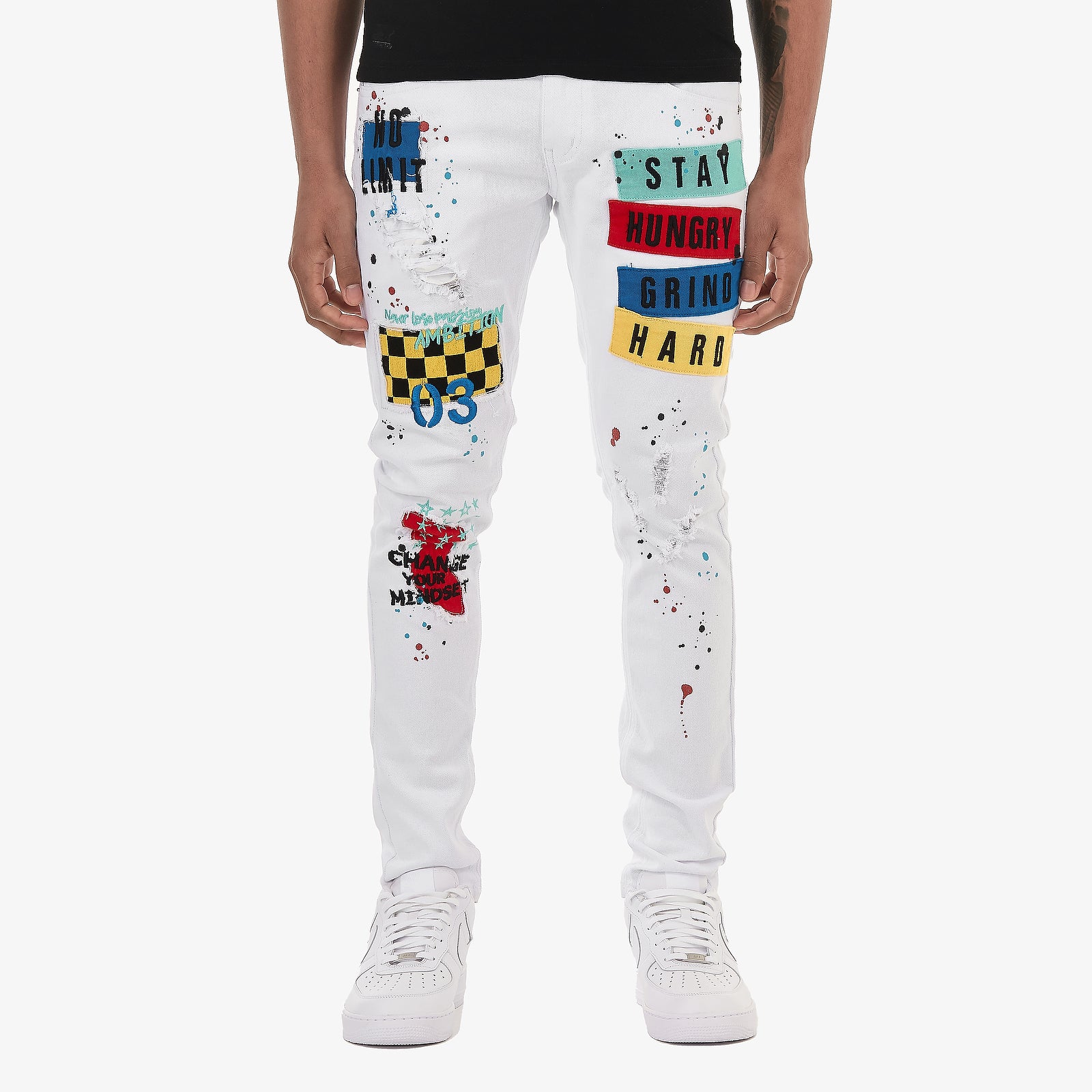 WHITE PANTS W/ COLOR PATCHES & EMBROIDERY