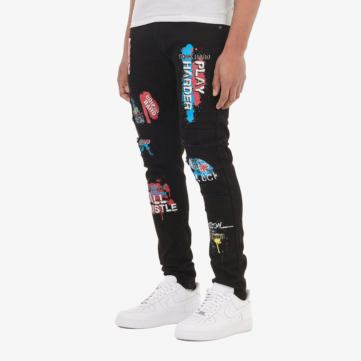 BLACK PANTS W/ GRAFFITI PRINTS