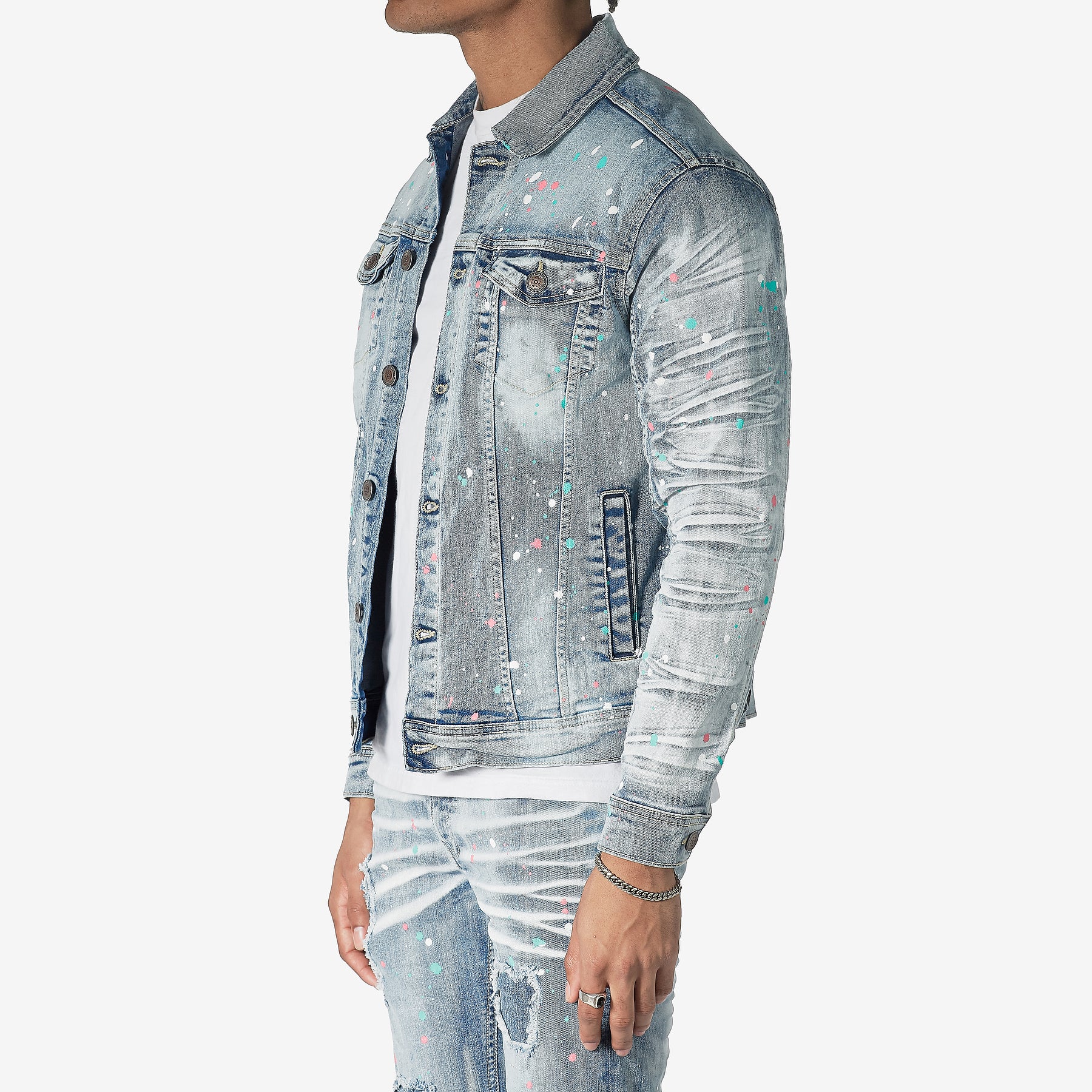 LIGHT SAND BLUE DENIM JACKET W/ SPOT DETAIL