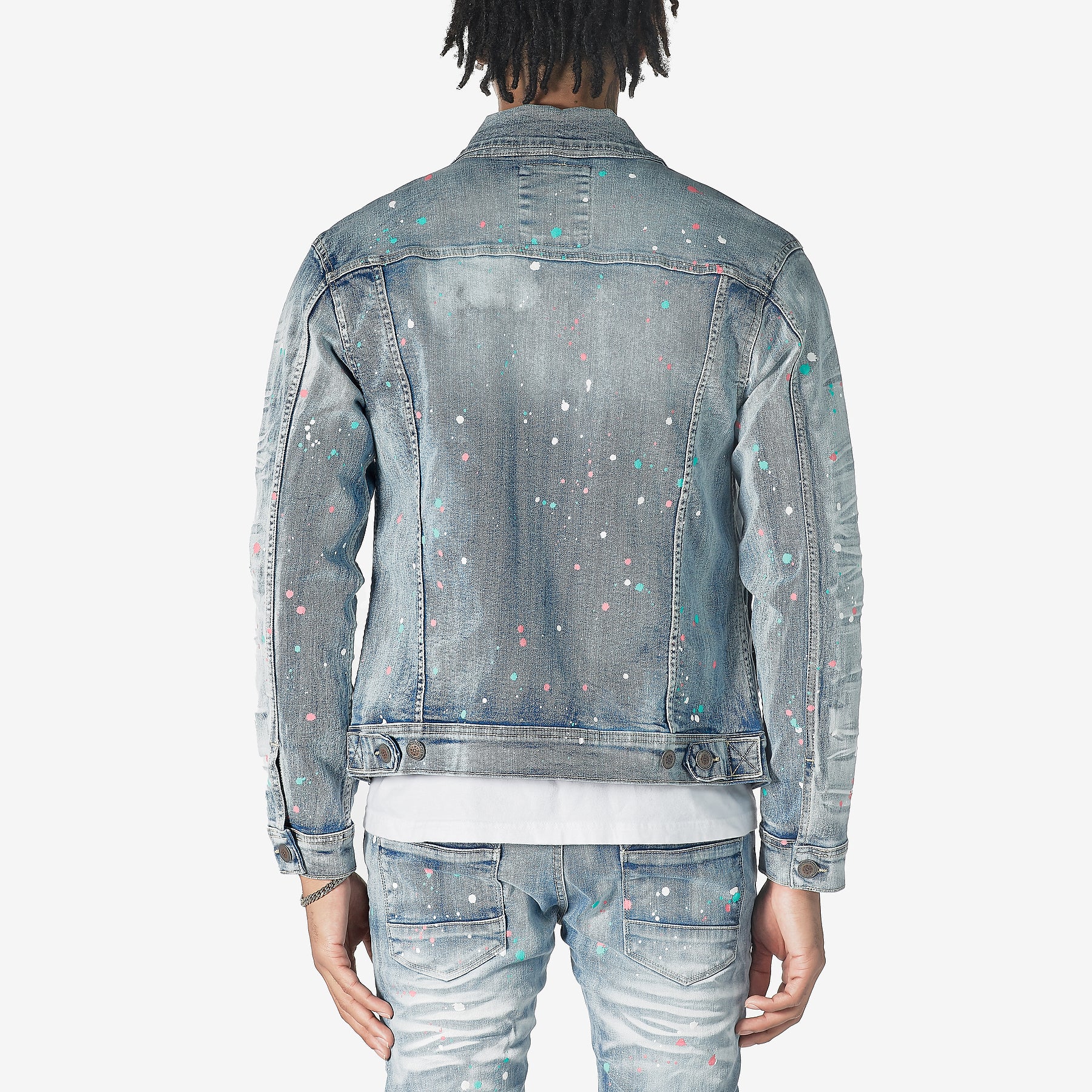 LIGHT SAND BLUE DENIM JACKET W/ SPOT DETAIL