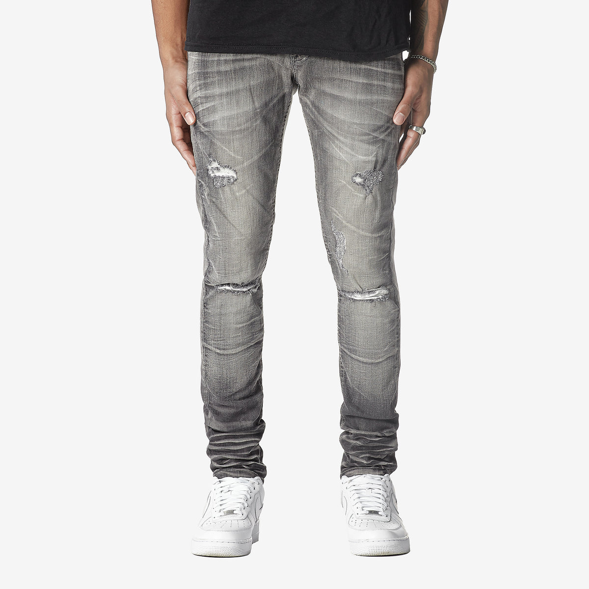 GREY STONE WASHED JEANS W/ RIP & FULL BACKING