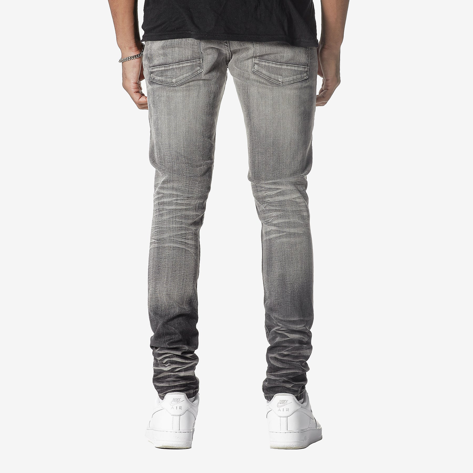 GREY STONE WASHED JEANS W/ RIP & FULL BACKING
