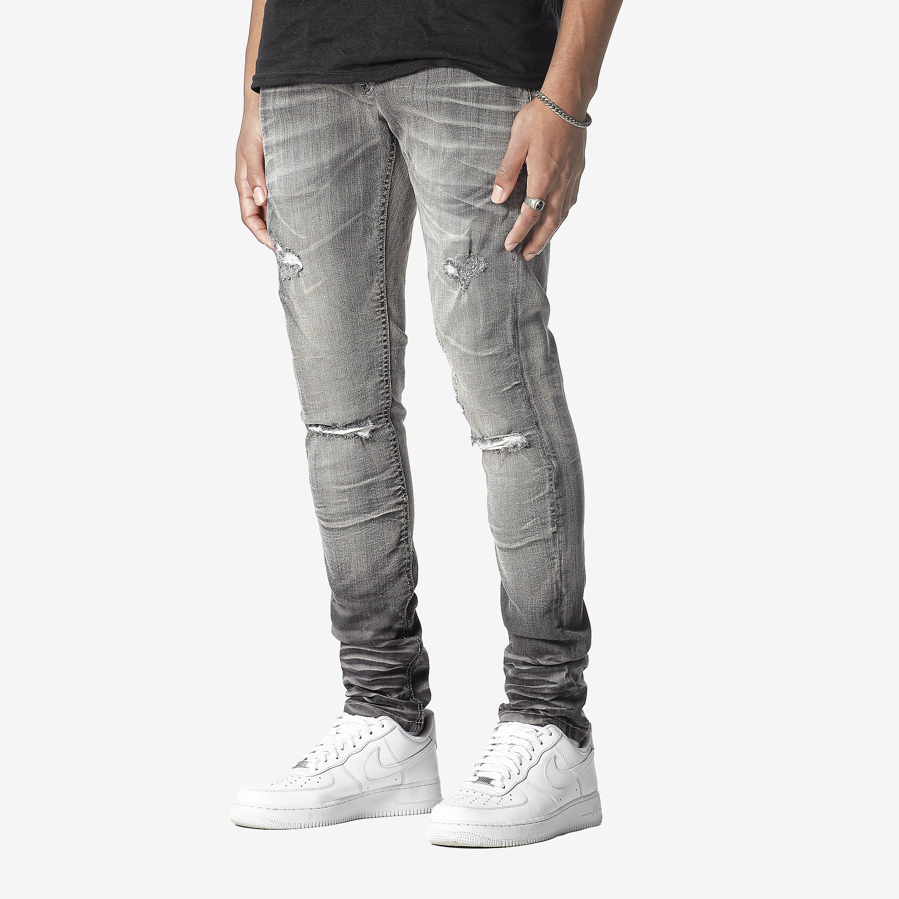 GREY STONE WASHED JEANS W/ RIP & FULL BACKING