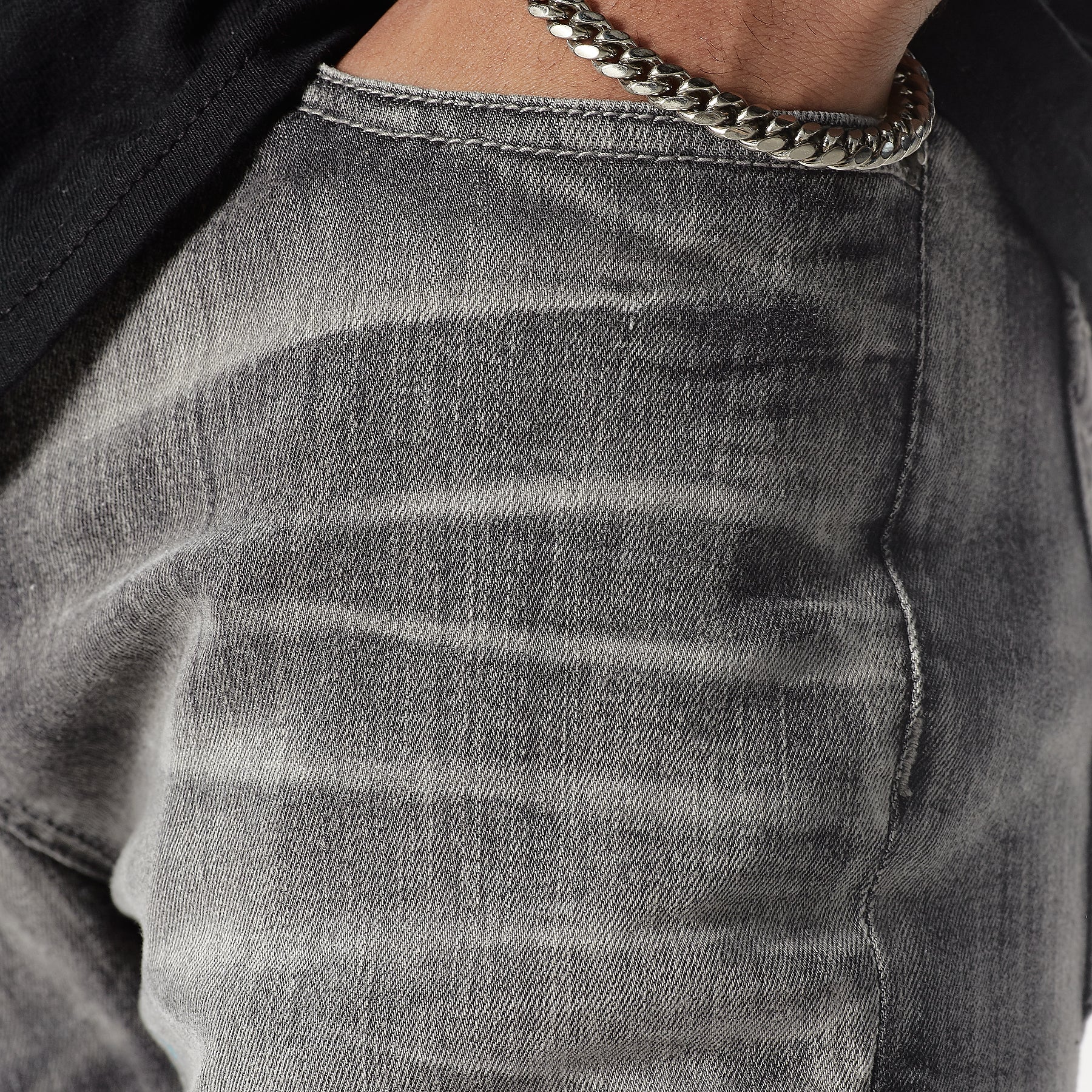 GREY STONE WASHED JEANS W/ RIP & FULL BACKING