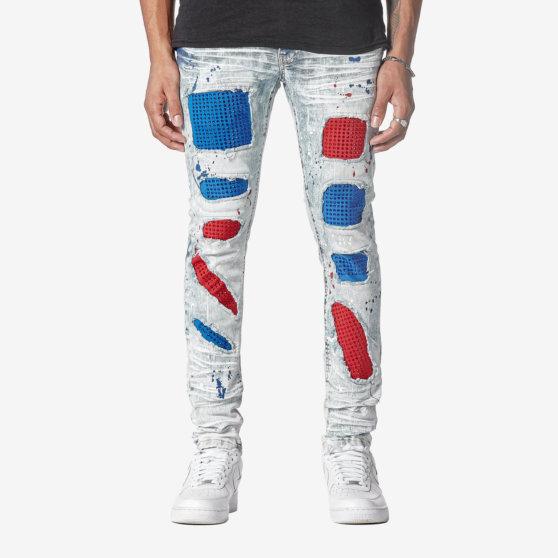 LIGHT SAND BLUE W/ RED & BLUE STONE EMBELLISH JEANS - Copper Rivet
