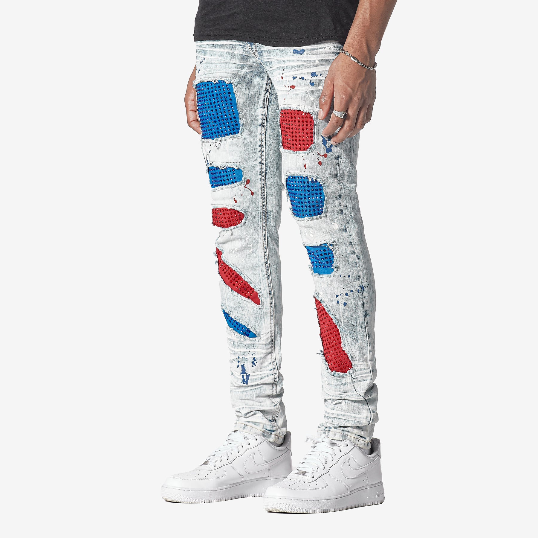 LIGHT SAND BLUE W/ RED & BLUE STONE EMBELLISH JEANS - Copper Rivet