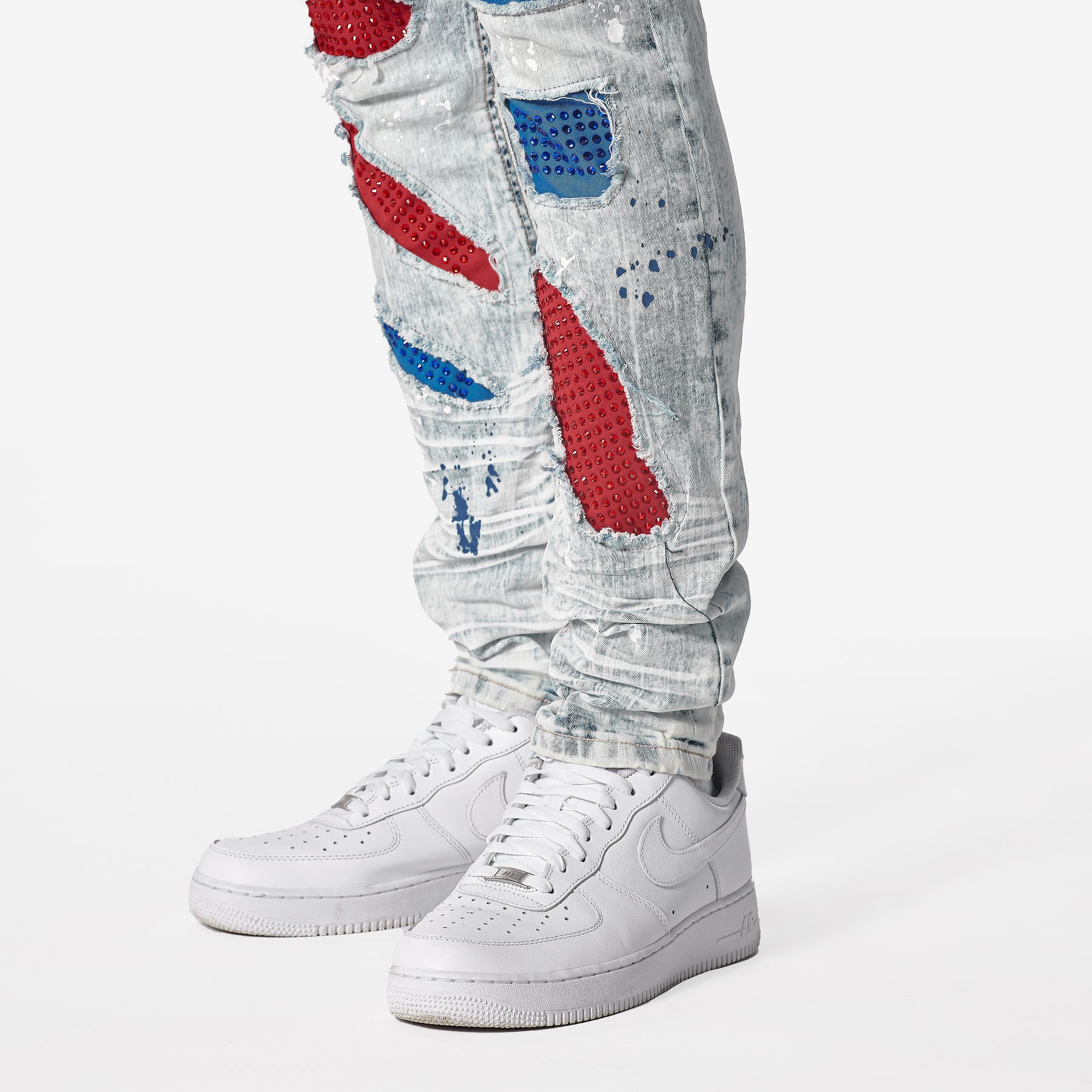 LIGHT SAND BLUE W/ RED & BLUE STONE EMBELLISH JEANS - Copper Rivet