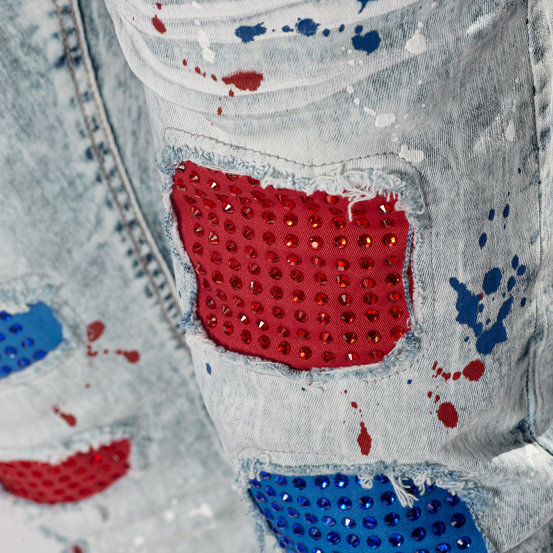 LIGHT SAND BLUE W/ RED & BLUE STONE EMBELLISH JEANS - Copper Rivet