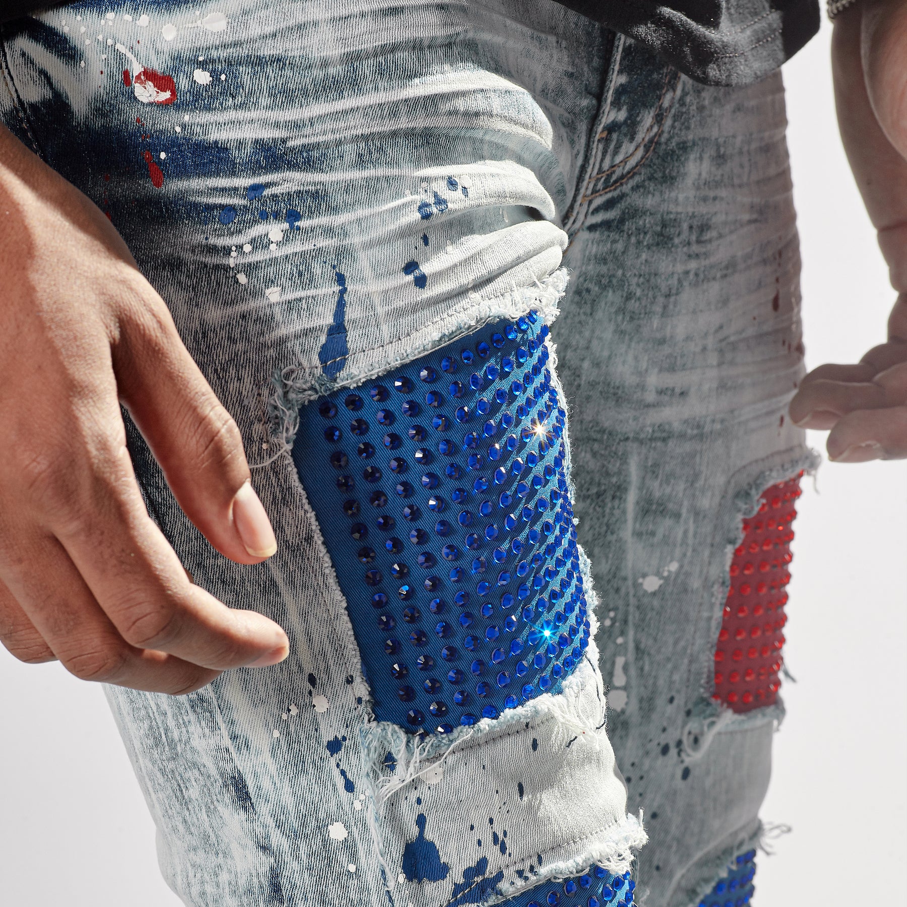 LIGHT SAND BLUE W/ RED & BLUE STONE EMBELLISH JEANS - Copper Rivet