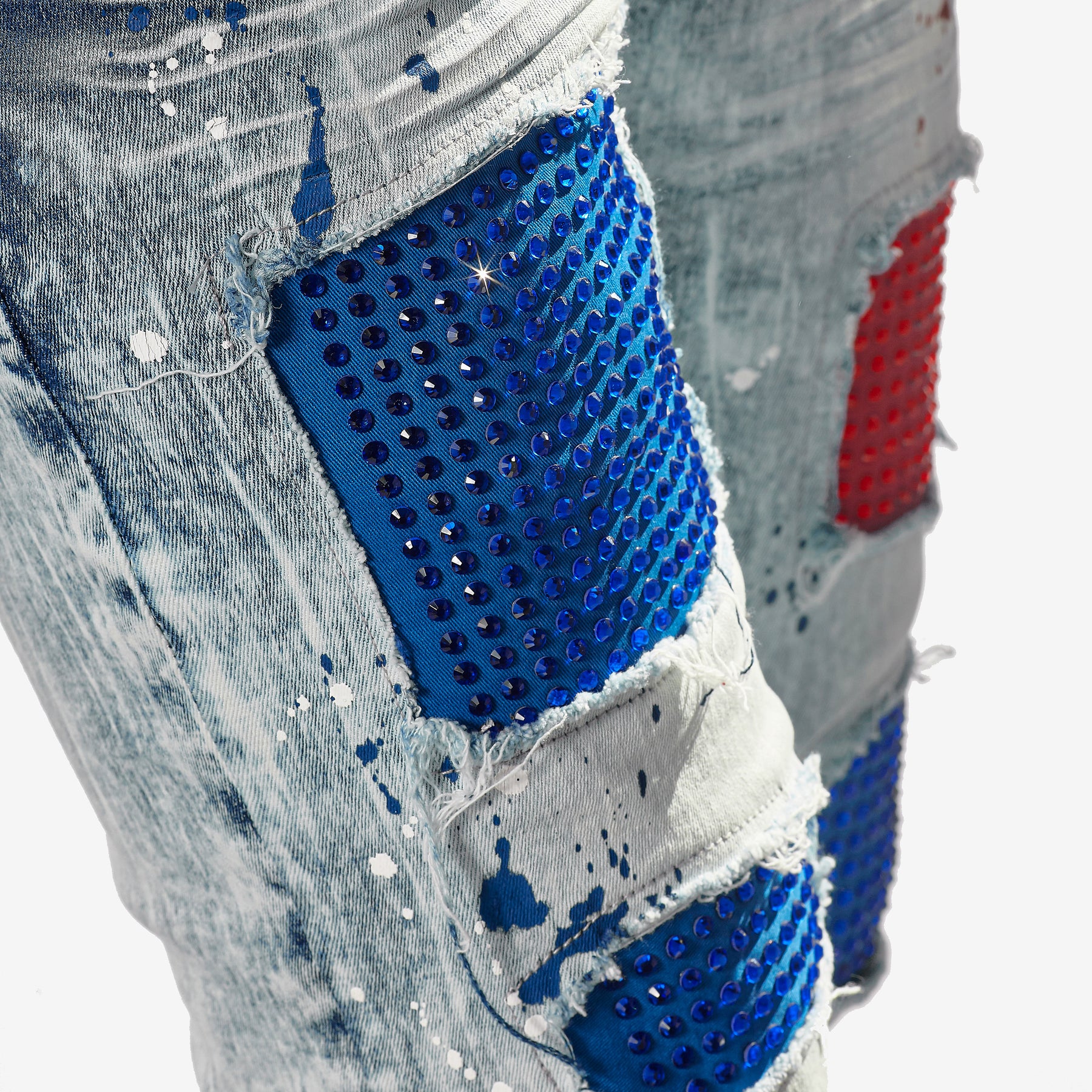LIGHT SAND BLUE W/ RED & BLUE STONE EMBELLISH JEANS - Copper Rivet