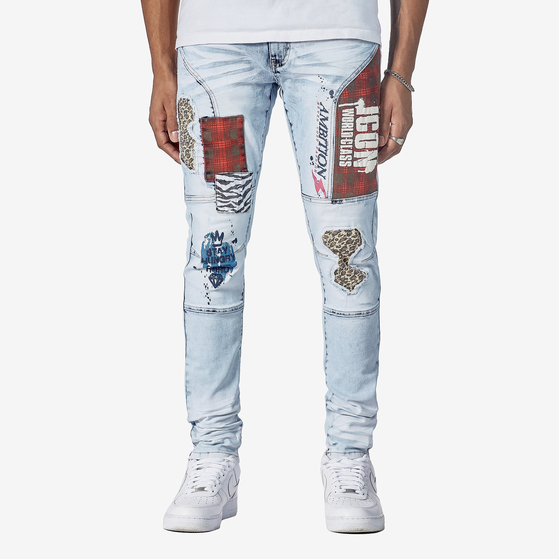 LIGHT SAND BLUE JEANS W/ FLANNEL PATCHWORK - Copper Rivet