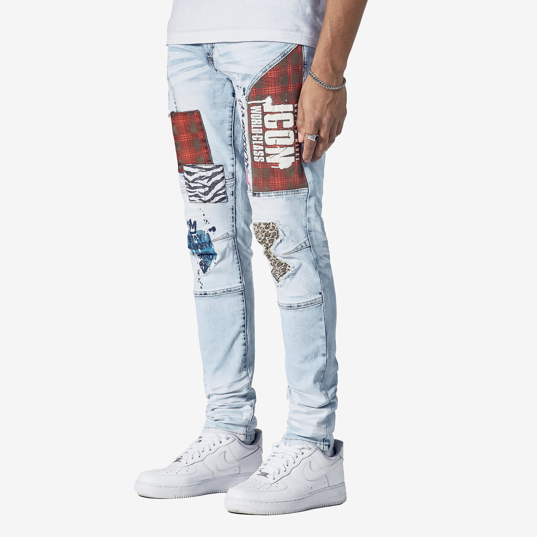 LIGHT SAND BLUE JEANS W/ FLANNEL PATCHWORK - Copper Rivet