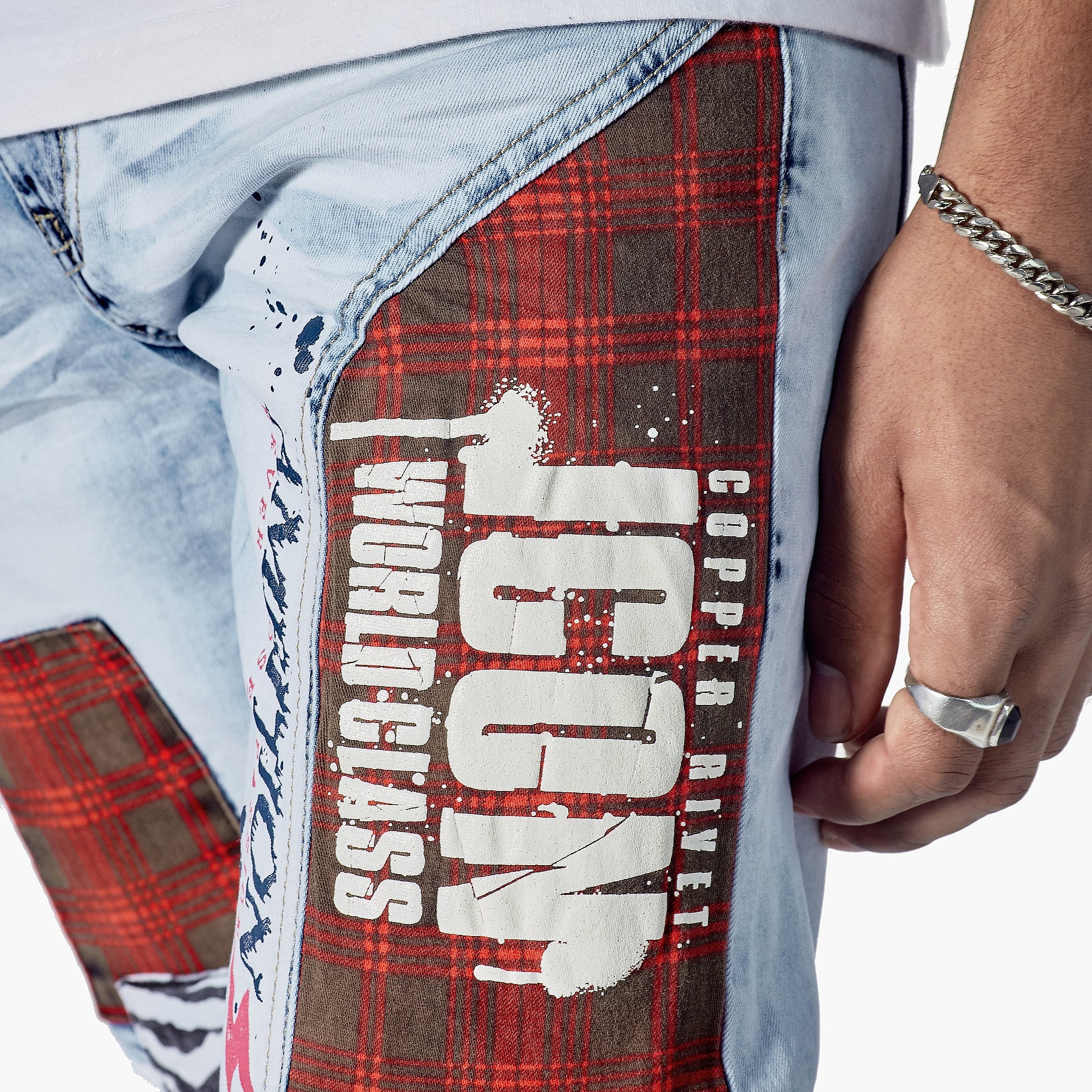 LIGHT SAND BLUE JEANS W/ FLANNEL PATCHWORK - Copper Rivet