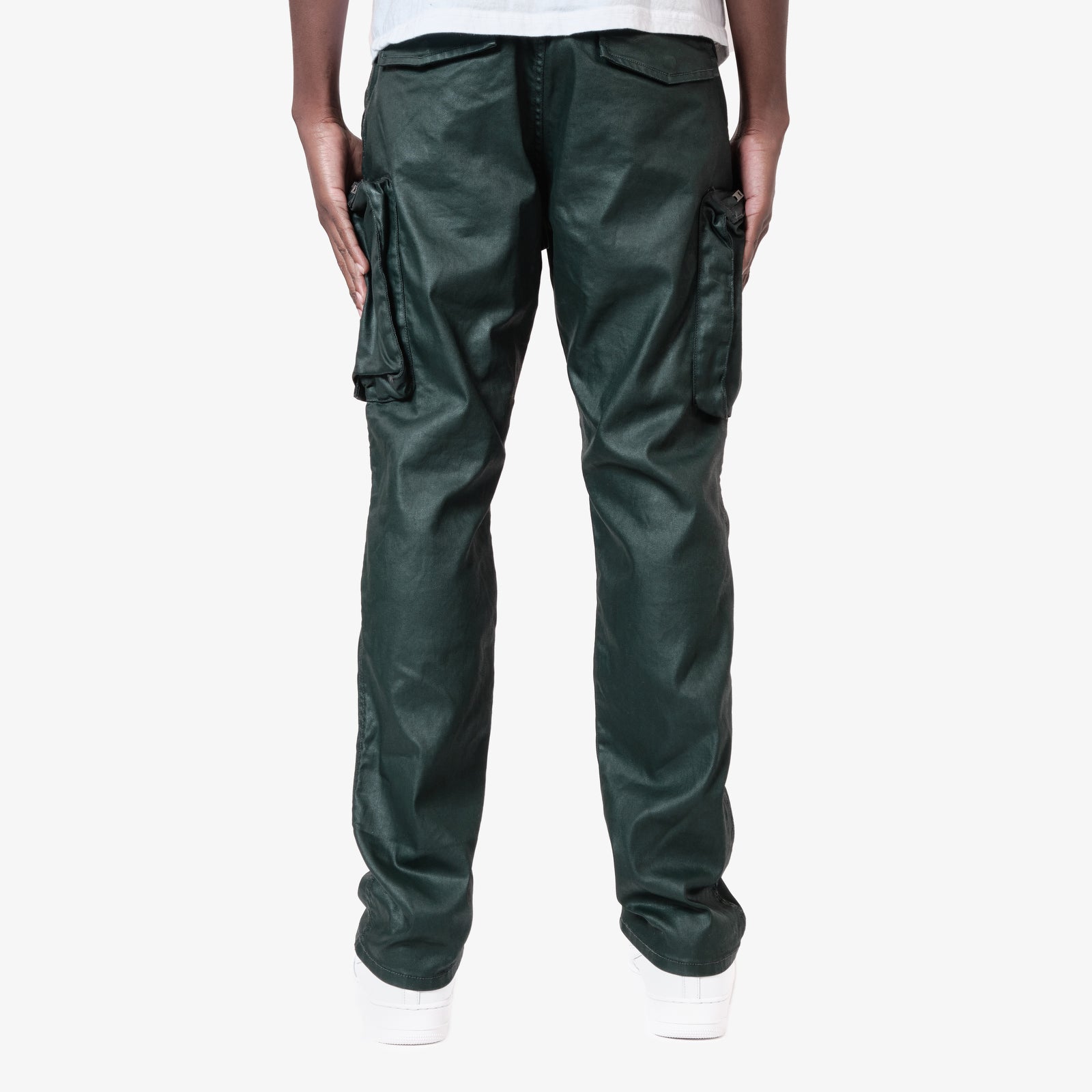 OLIVE UTILITY CARGO WAX COATED JEANS