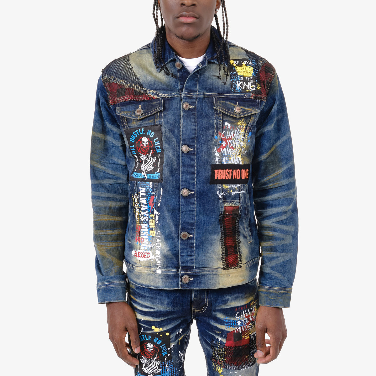 KHAKI TINT DENIM JACKET W/ PLAID & MESH PATCHES