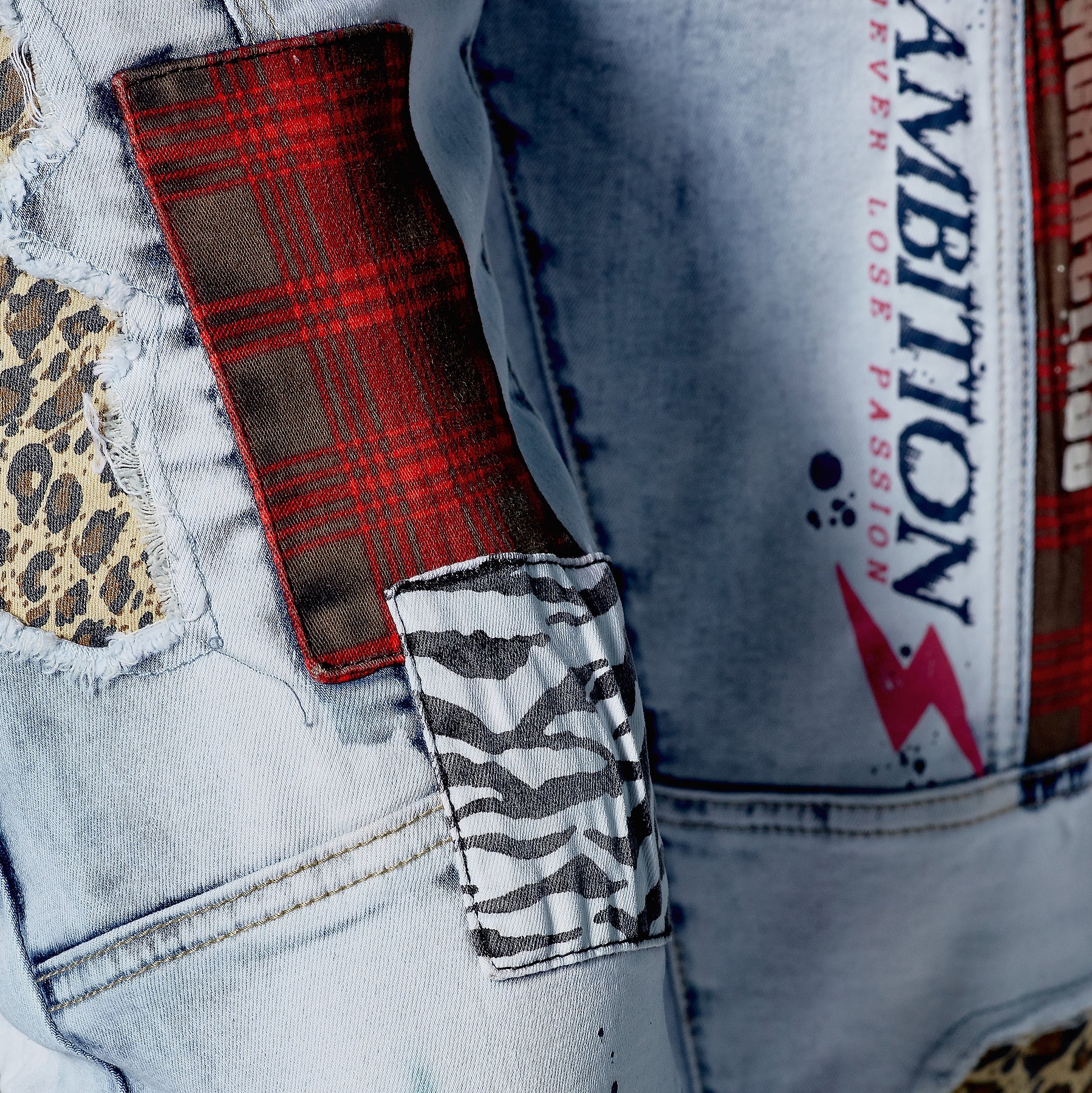 LIGHT SAND BLUE JEANS W/ FLANNEL PATCHWORK - Copper Rivet