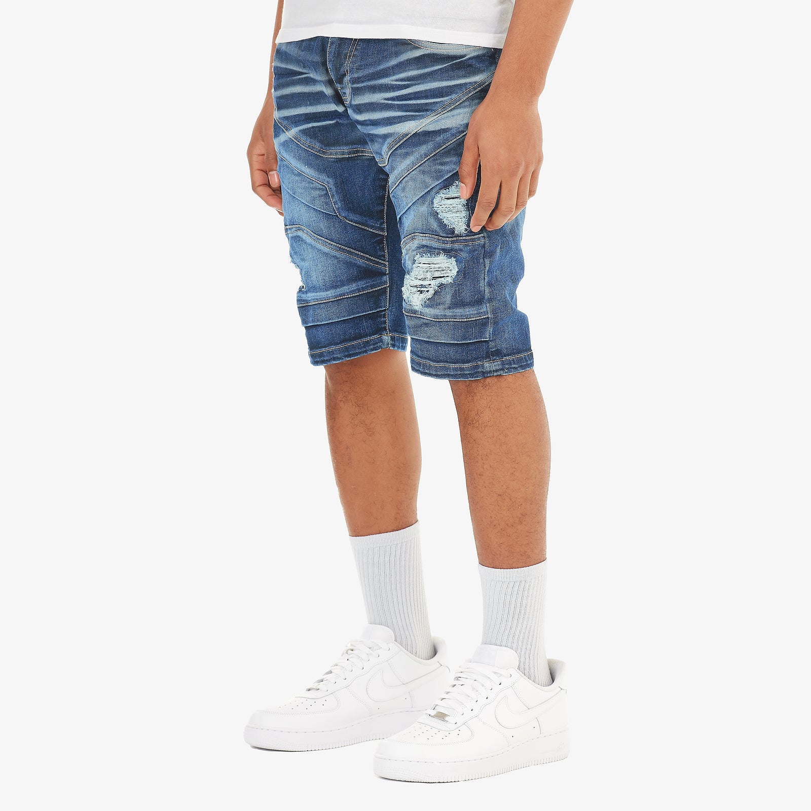 DARK SAND BLUE MOTO DENIM SHORTS