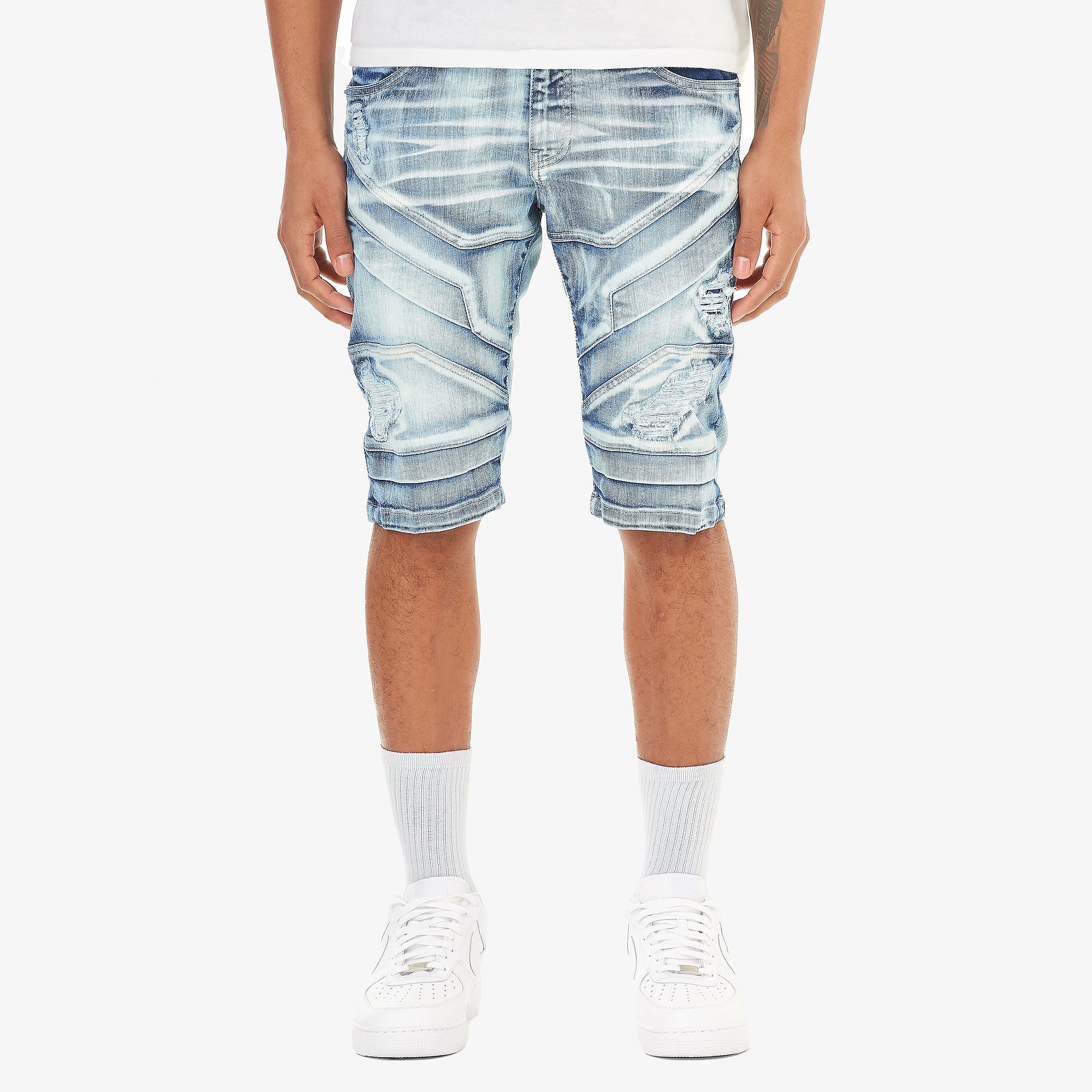 LIGHT SAND BLUE MOTO DENIM SHORTS
