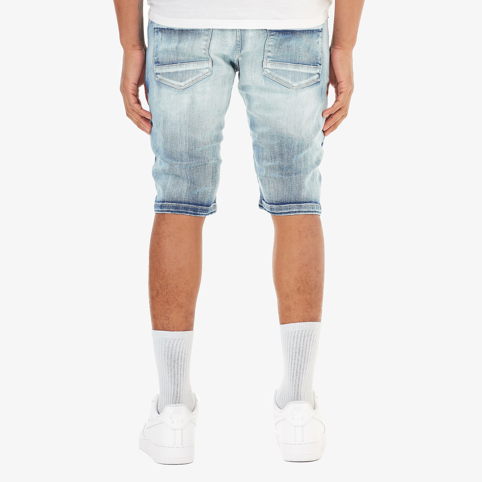 LIGHT SAND BLUE MOTO DENIM SHORTS