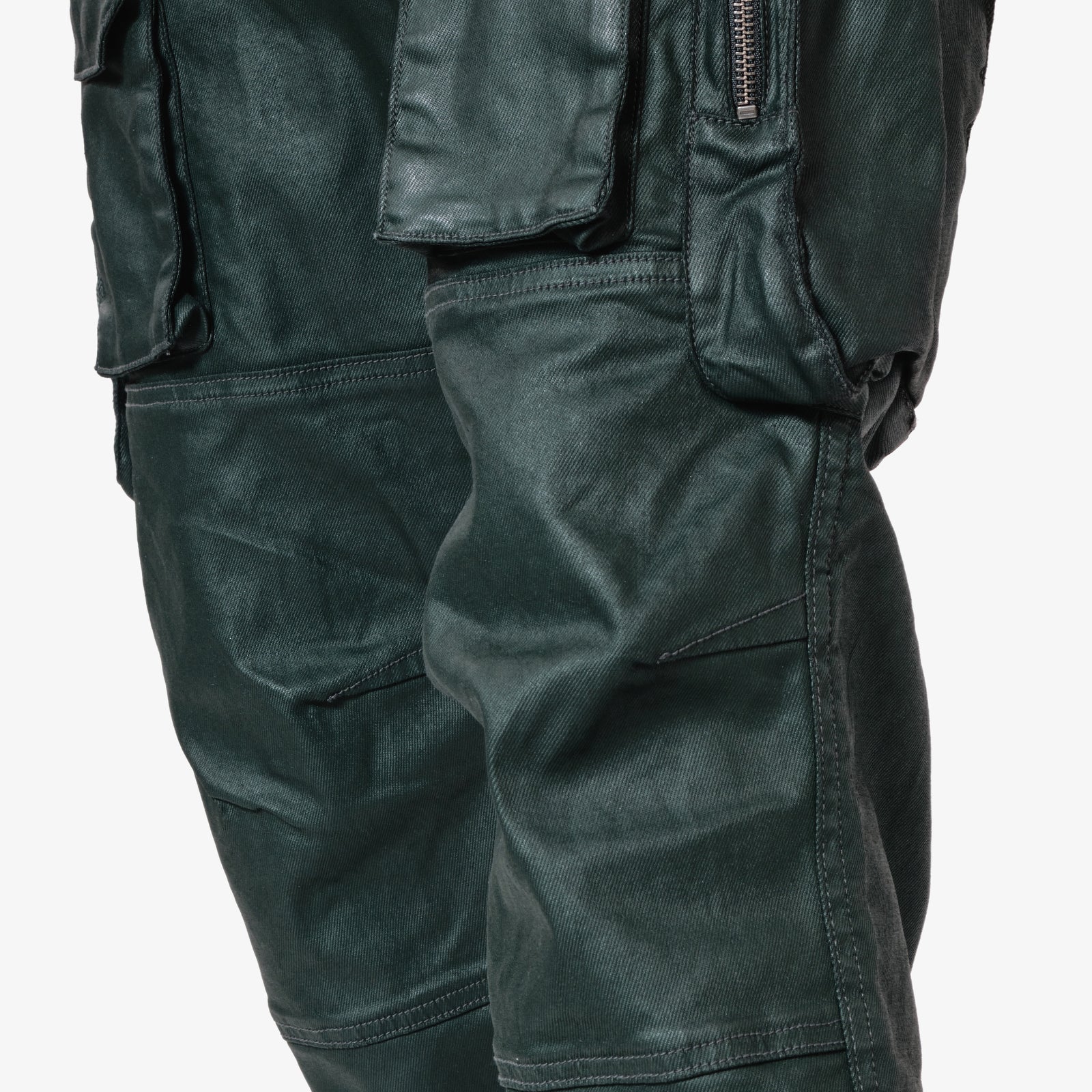 OLIVE UTILITY CARGO WAX COATED JEANS