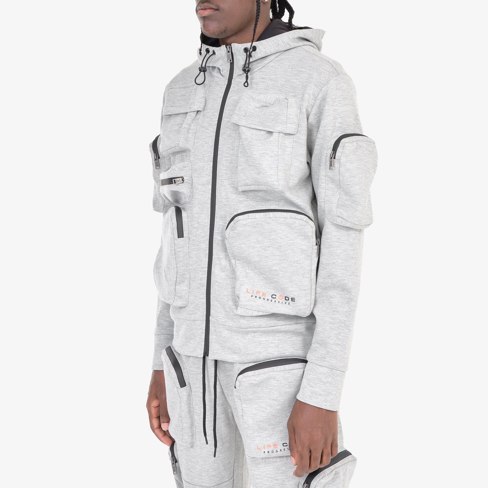 GREY TECH FLEECE MULTI POCKET FULL ZIP HOODIE