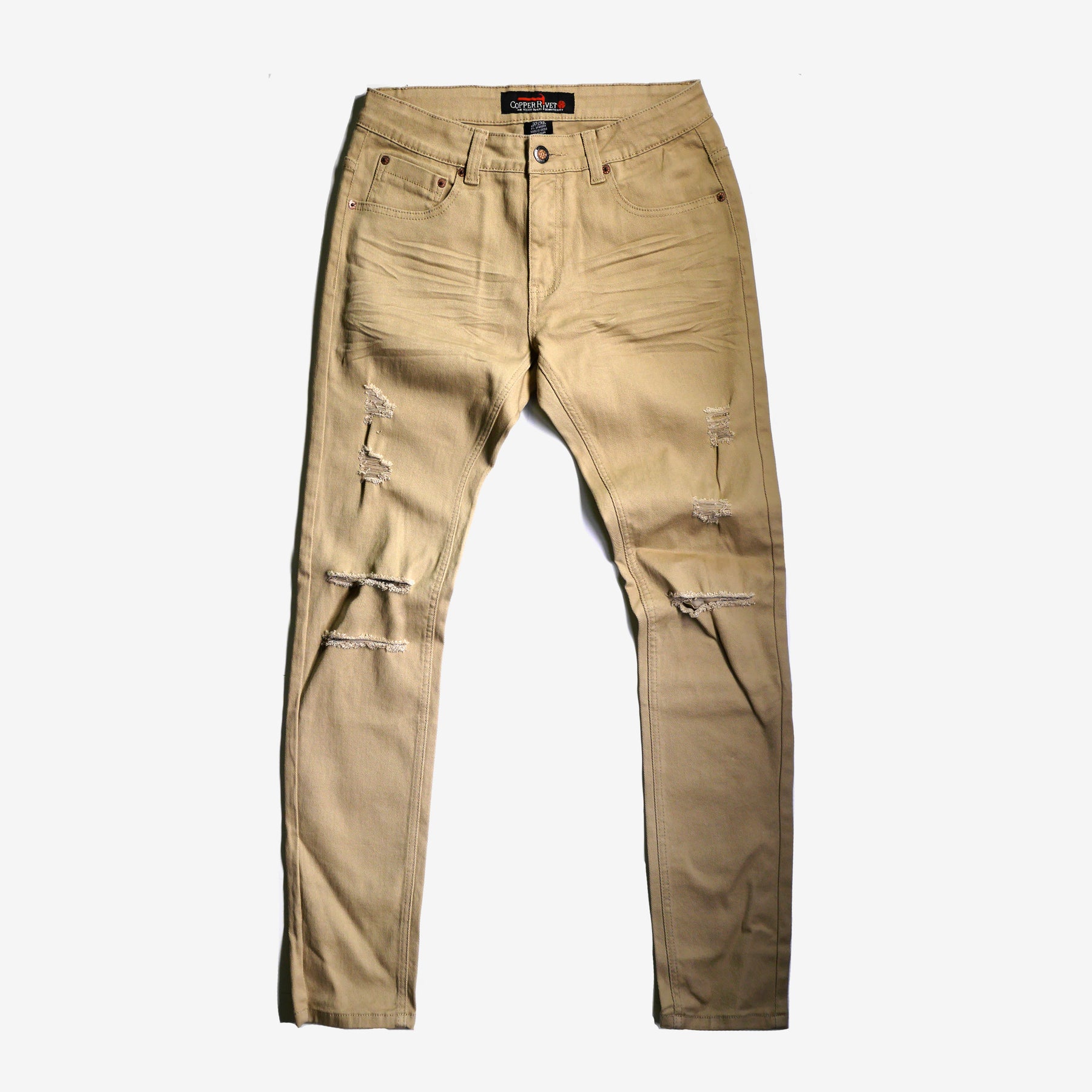 KHAKI PANTS WITH RIPS - Copper Rivet