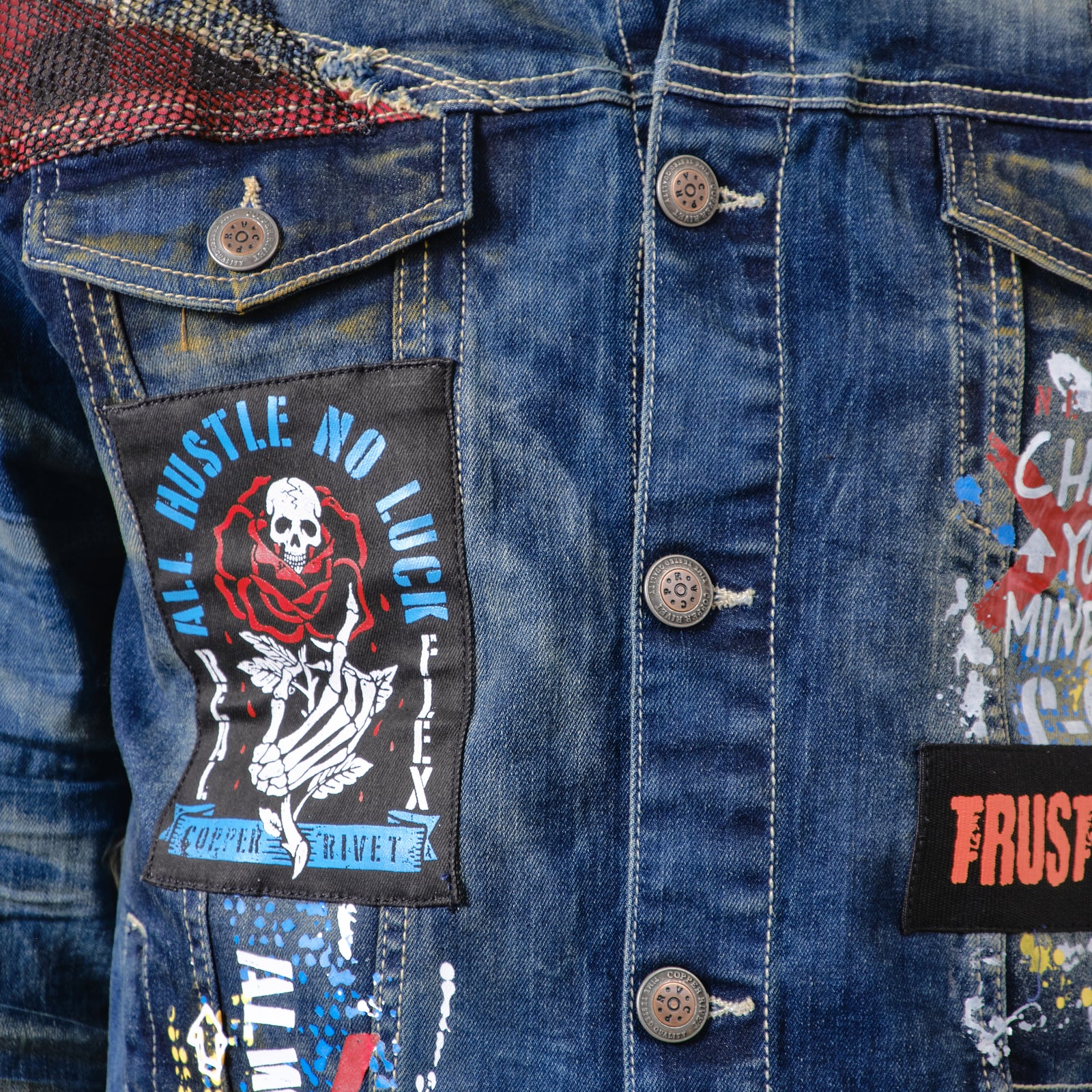 KHAKI TINT DENIM JACKET W/ PLAID & MESH PATCHES