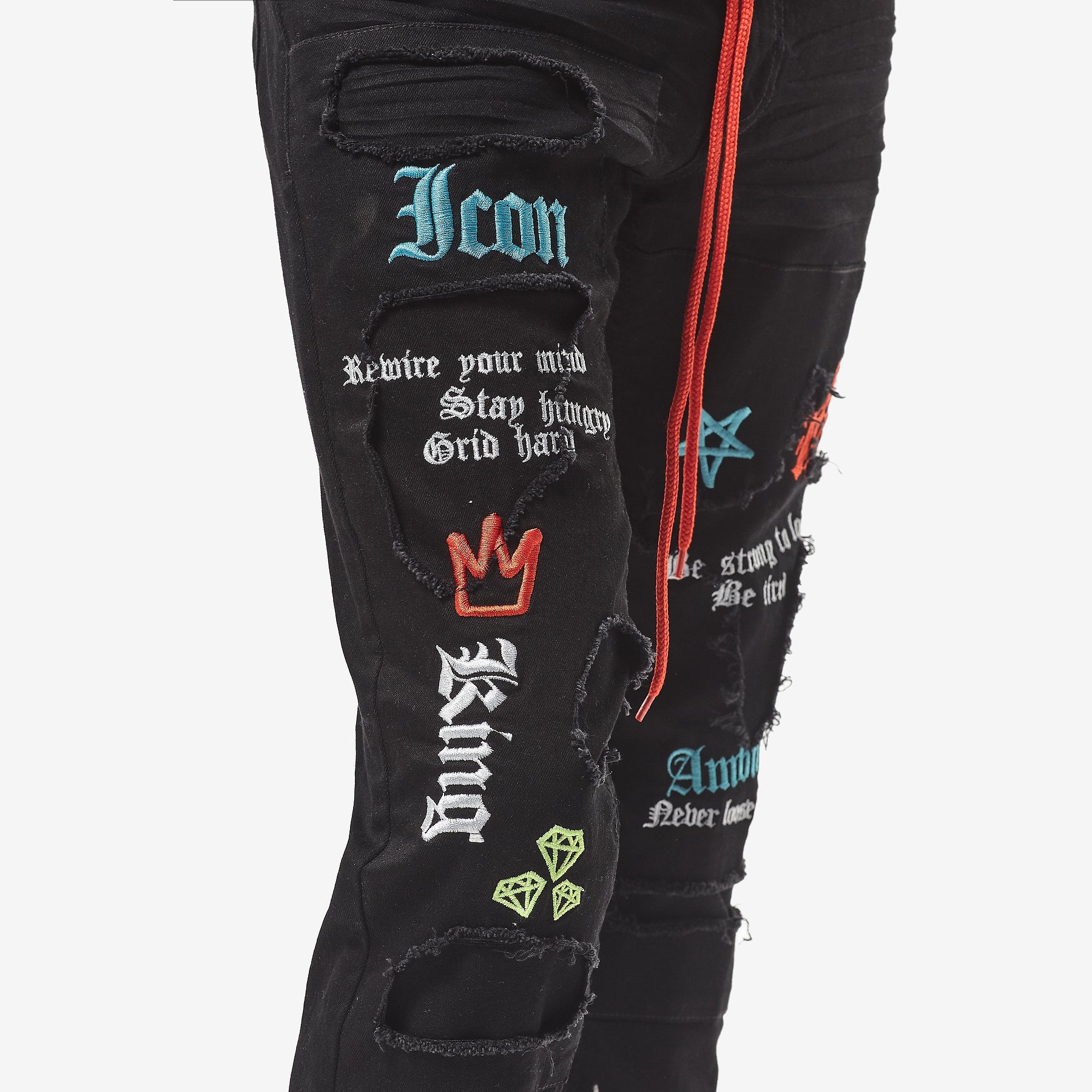 JET BLACK JEANS W/ COLOR EMBROIDERY & WAIST STRING - Copper Rivet