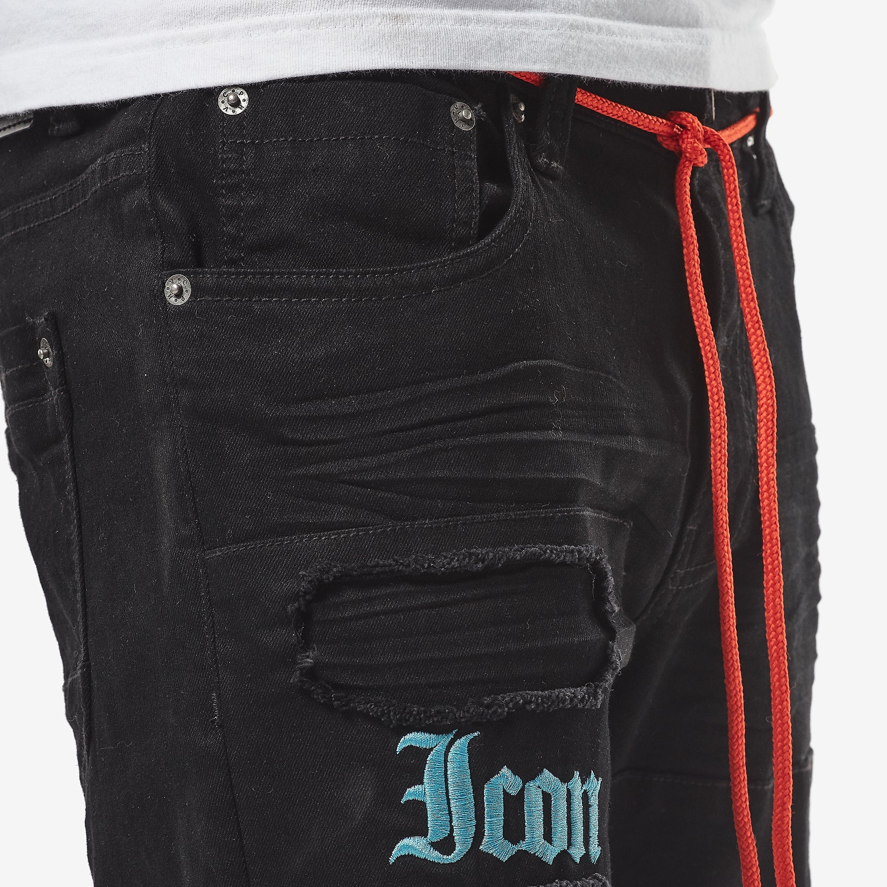 JET BLACK JEANS W/ COLOR EMBROIDERY & WAIST STRING - Copper Rivet
