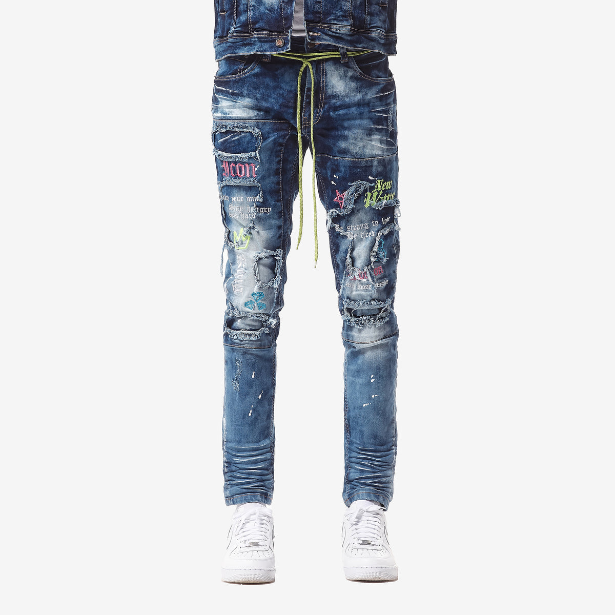 DARK BLUE JEANS W/ COLOR EMBROIDERY & WAIST STRING - Copper Rivet