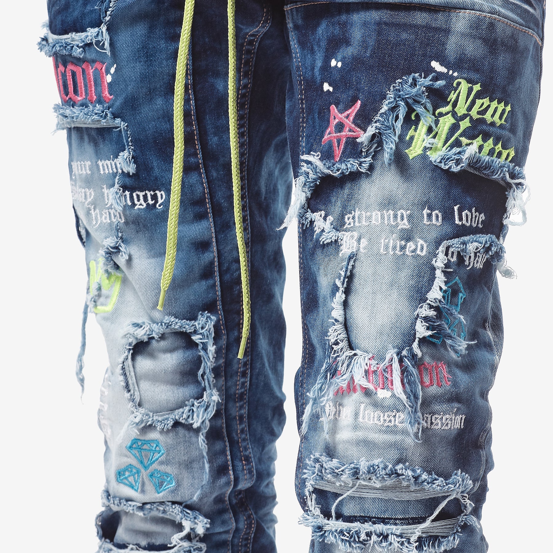 DARK BLUE JEANS W/ COLOR EMBROIDERY & WAIST STRING - Copper Rivet