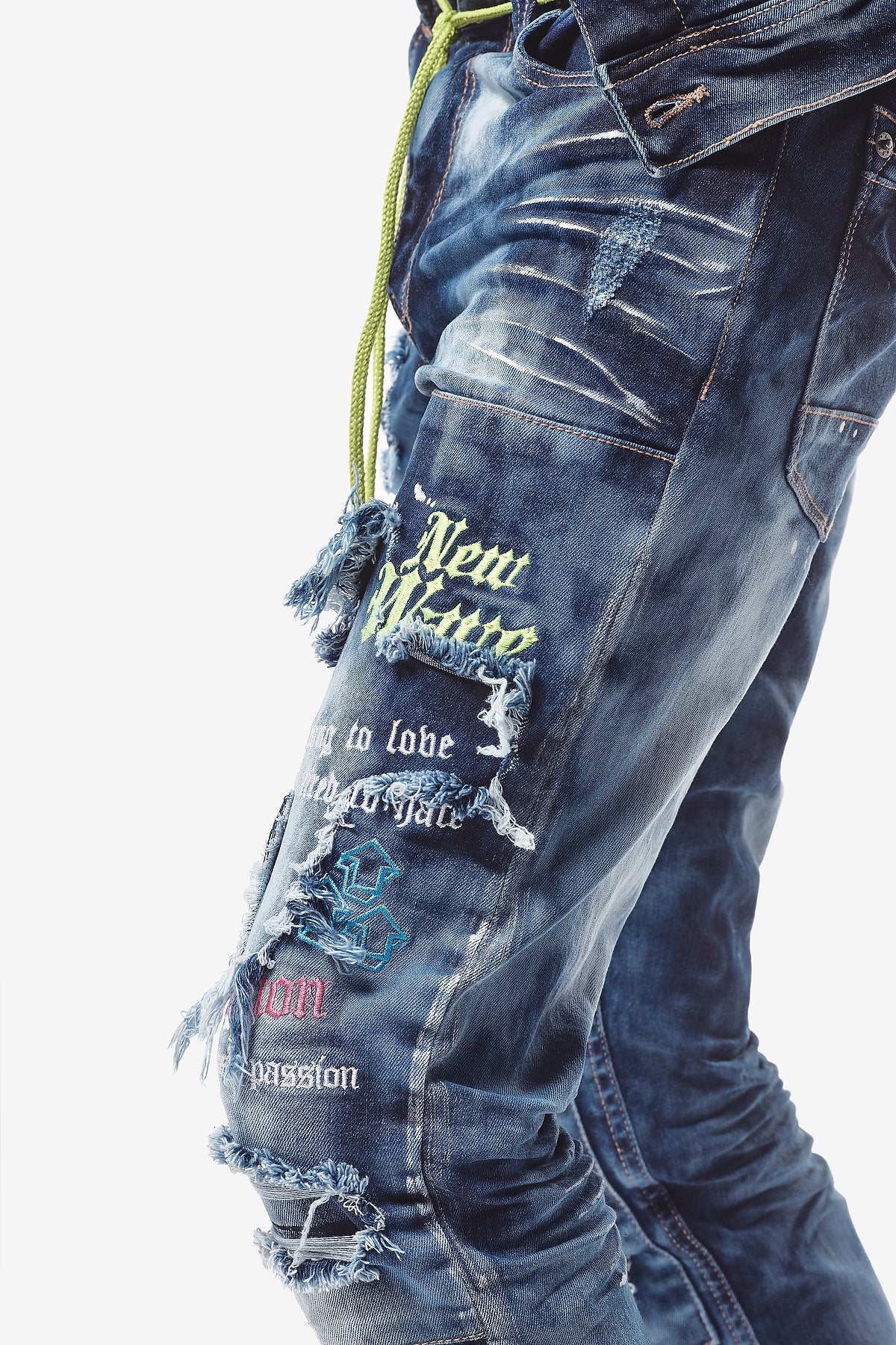 DARK BLUE JEANS W/ COLOR EMBROIDERY & WAIST STRING - Copper Rivet
