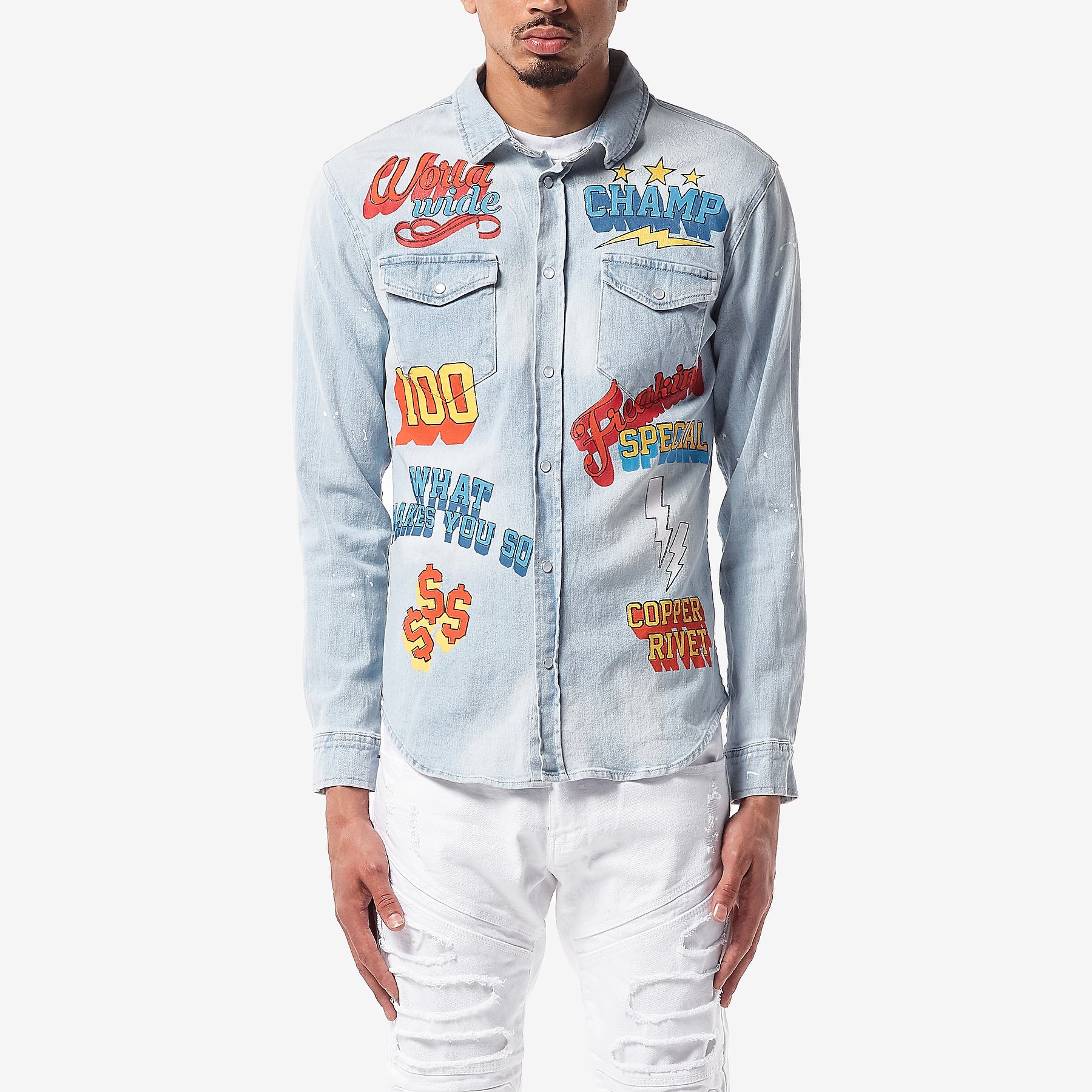 LIGHT BLUE DENIM SHIRT WITH PRINTS