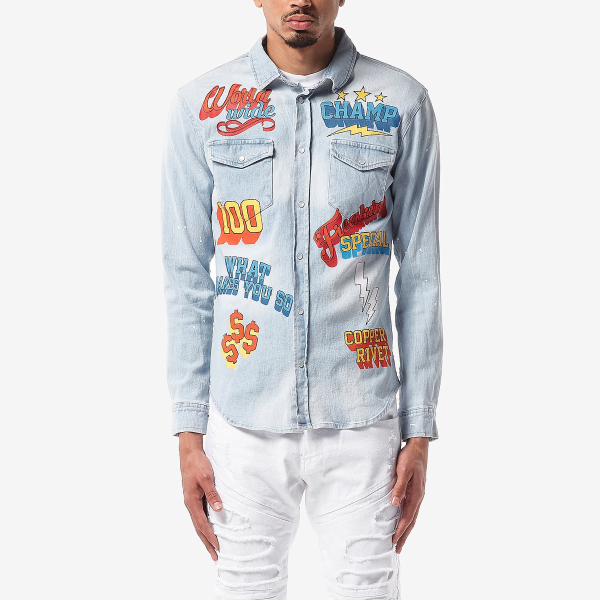 LIGHT BLUE DENIM SHIRT WITH PRINTS - Copper Rivet