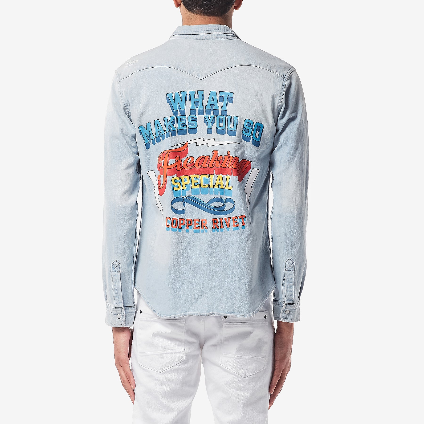 LIGHT BLUE DENIM SHIRT WITH PRINTS - Copper Rivet