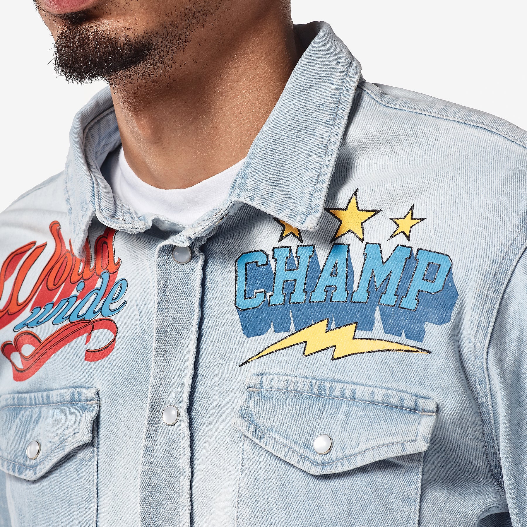 LIGHT BLUE DENIM SHIRT WITH PRINTS - Copper Rivet