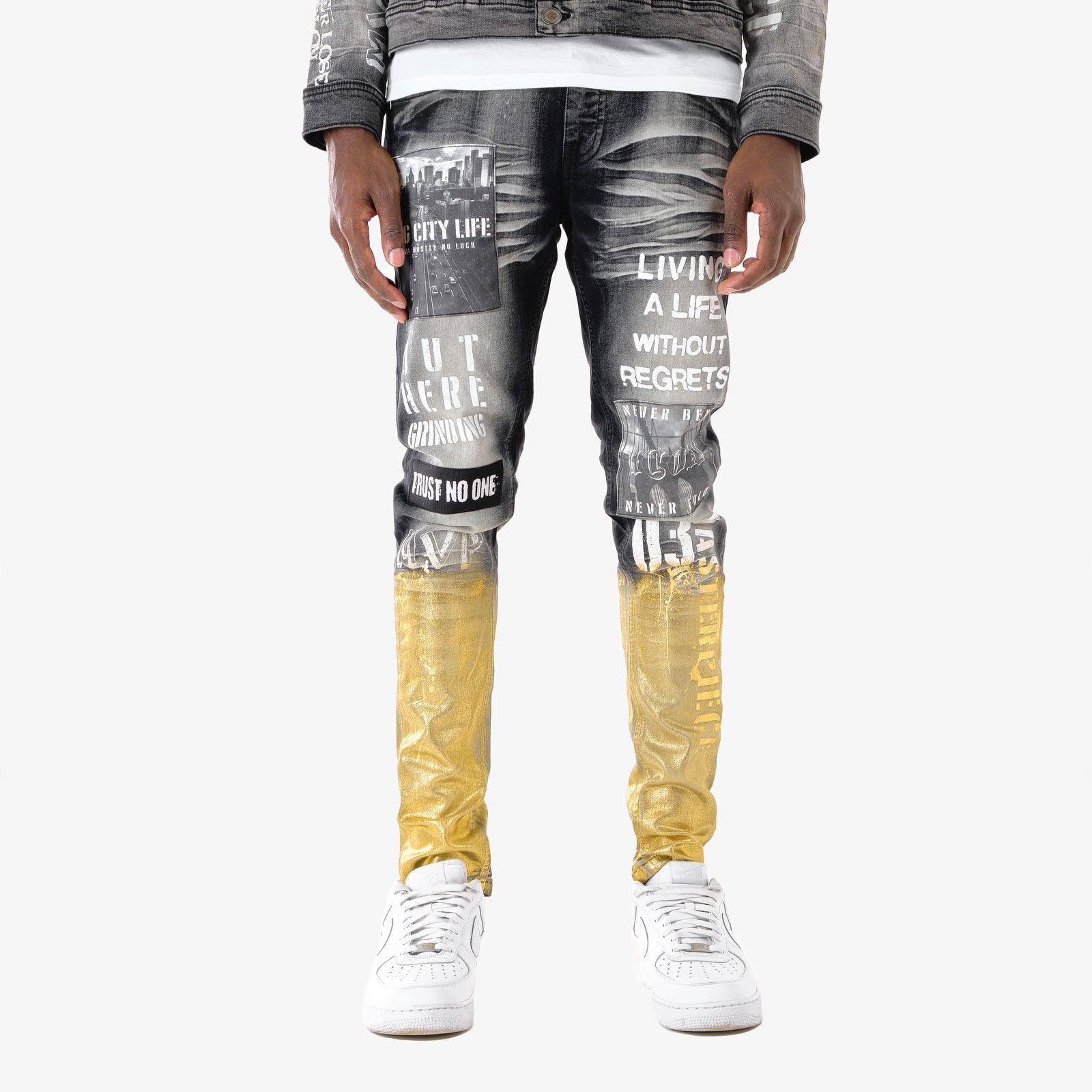 BLACK JEANS W/ GOLD FOIL & PRINTS