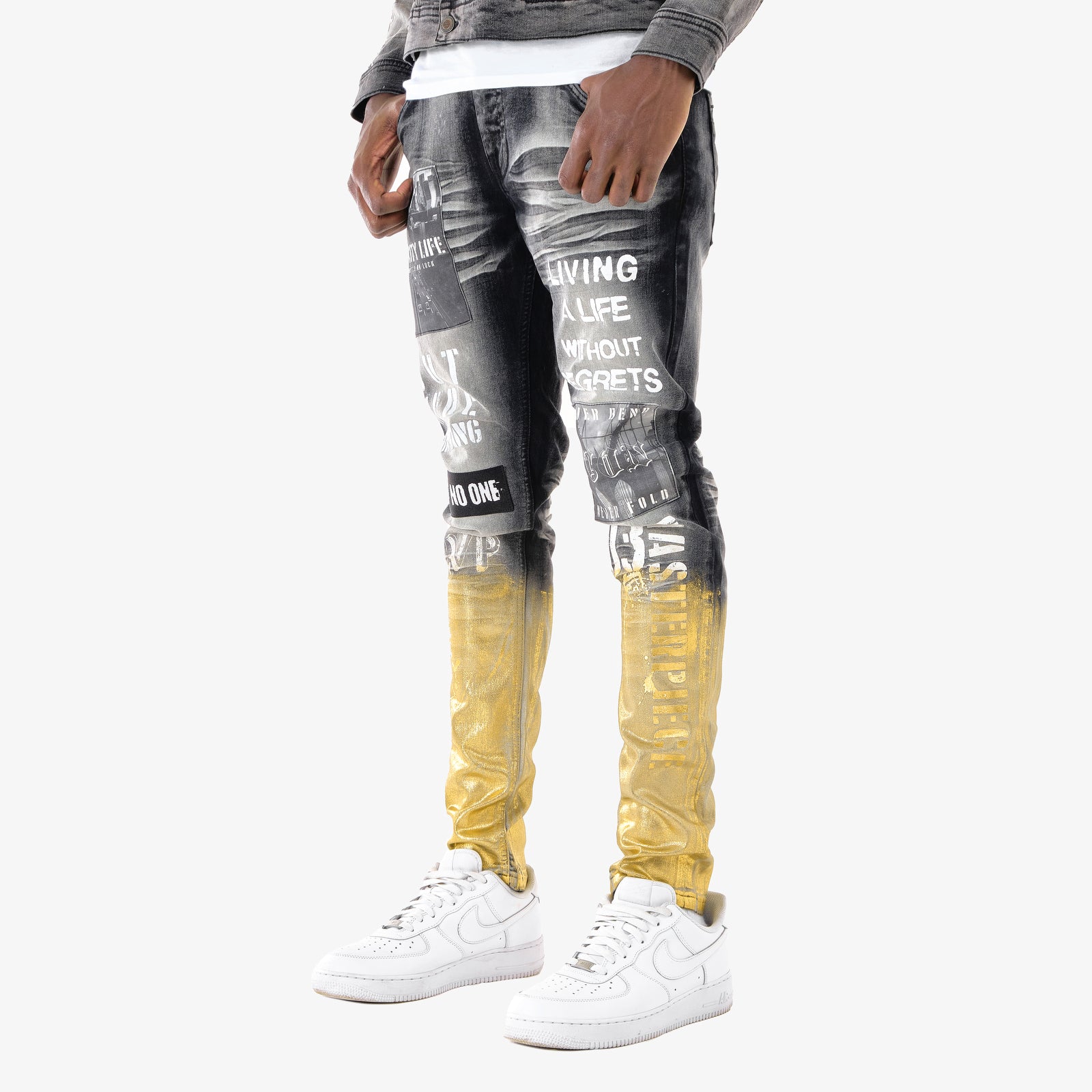 BLACK JEANS W/ GOLD FOIL & PRINTS