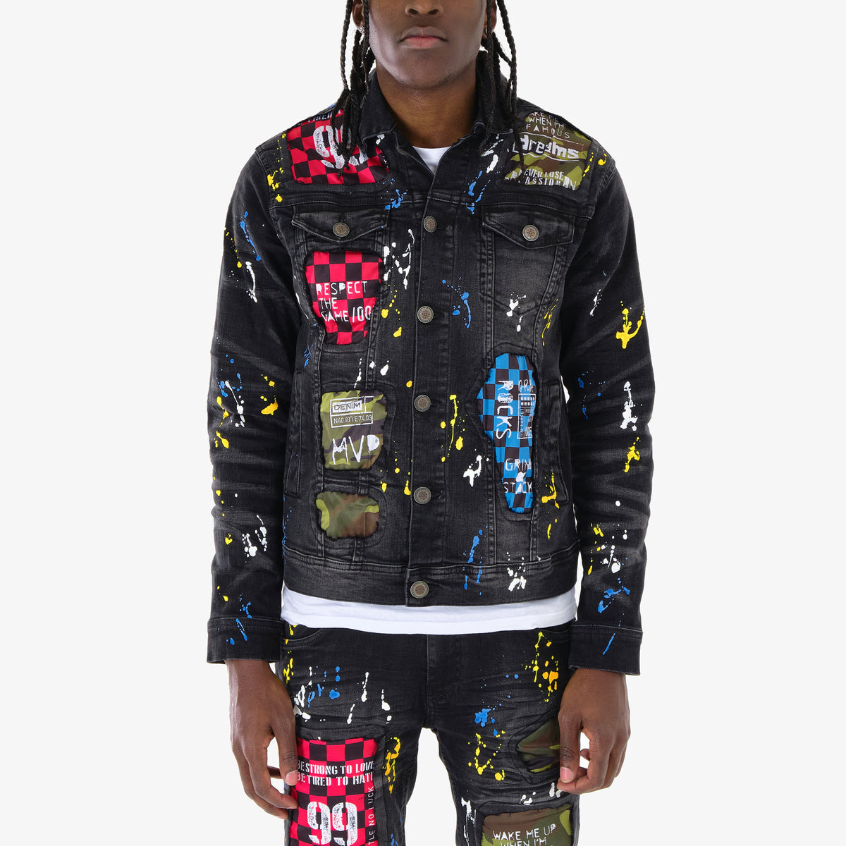 BLACK DENIM JACKET W/ CHECKER RIP & REPAIR